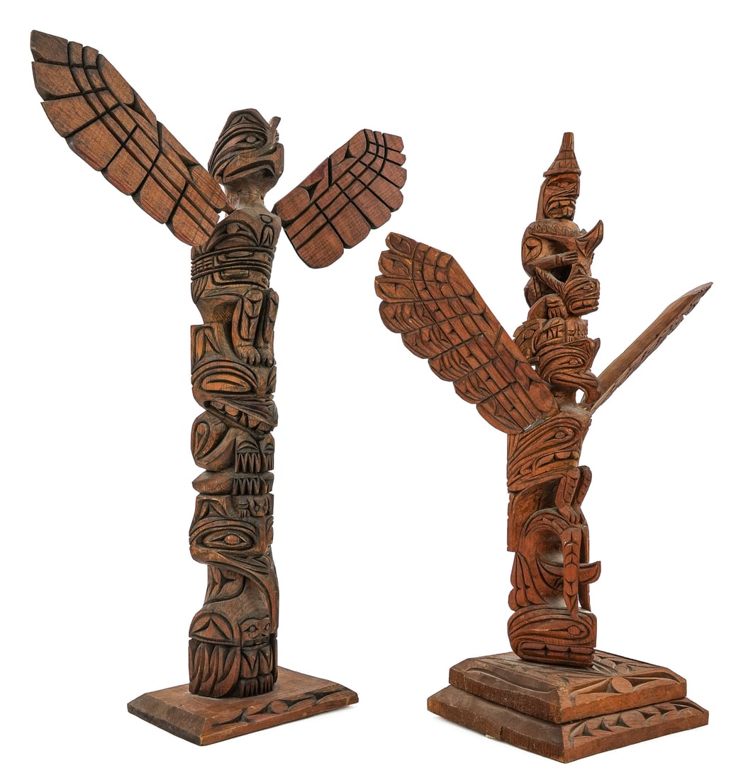 Two Harvey Williams NW Coast Totems: Harvey Williams (1952- Nootka Nuu-chah-nulth) signed wooden totems (hts 19 1/4", 20")