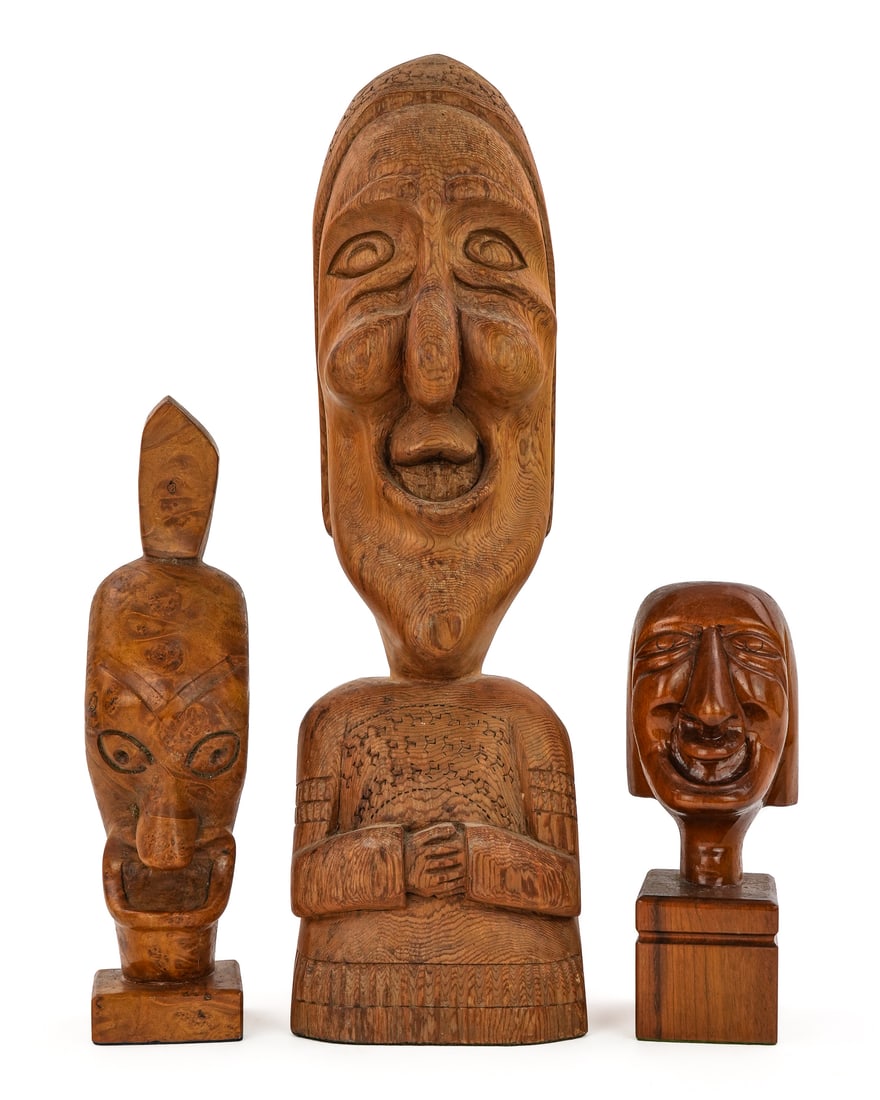 C G Coe, Victoria NW Coast Carvings: Three Northwest Coast C G Coe, Victoria, British Columbia, Canada signed wooden carvings, hts 8 1/4" to 18 1/2", the largest with carved name, and Y-846