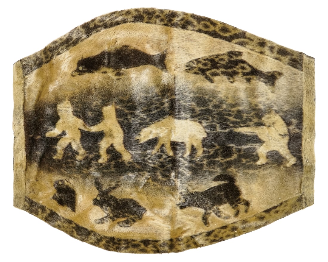 Inuit Sealskin Wall Hanging: Inuit sealskin wall hanging, signed in syllabics, depicting polar bear chasing people and hunter taking a shot, fish, seal, rabbit, 29" x 24"