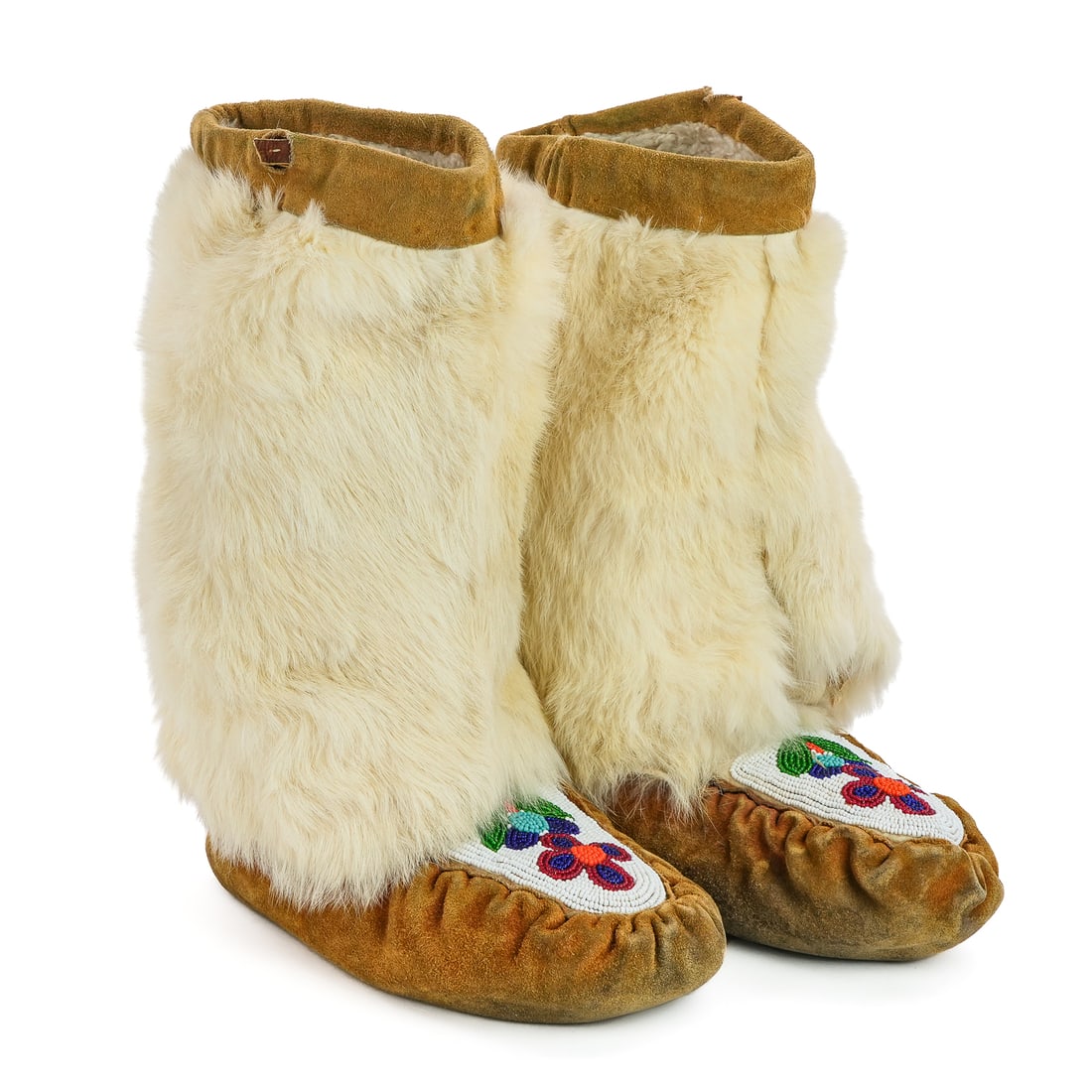 Cree Beaded Mukluks/ Moccasins: Cree beaded mukluk moccasins, rabbit fur and elk hide, fuzzy cloth lining, length of foot 10 1/2"
