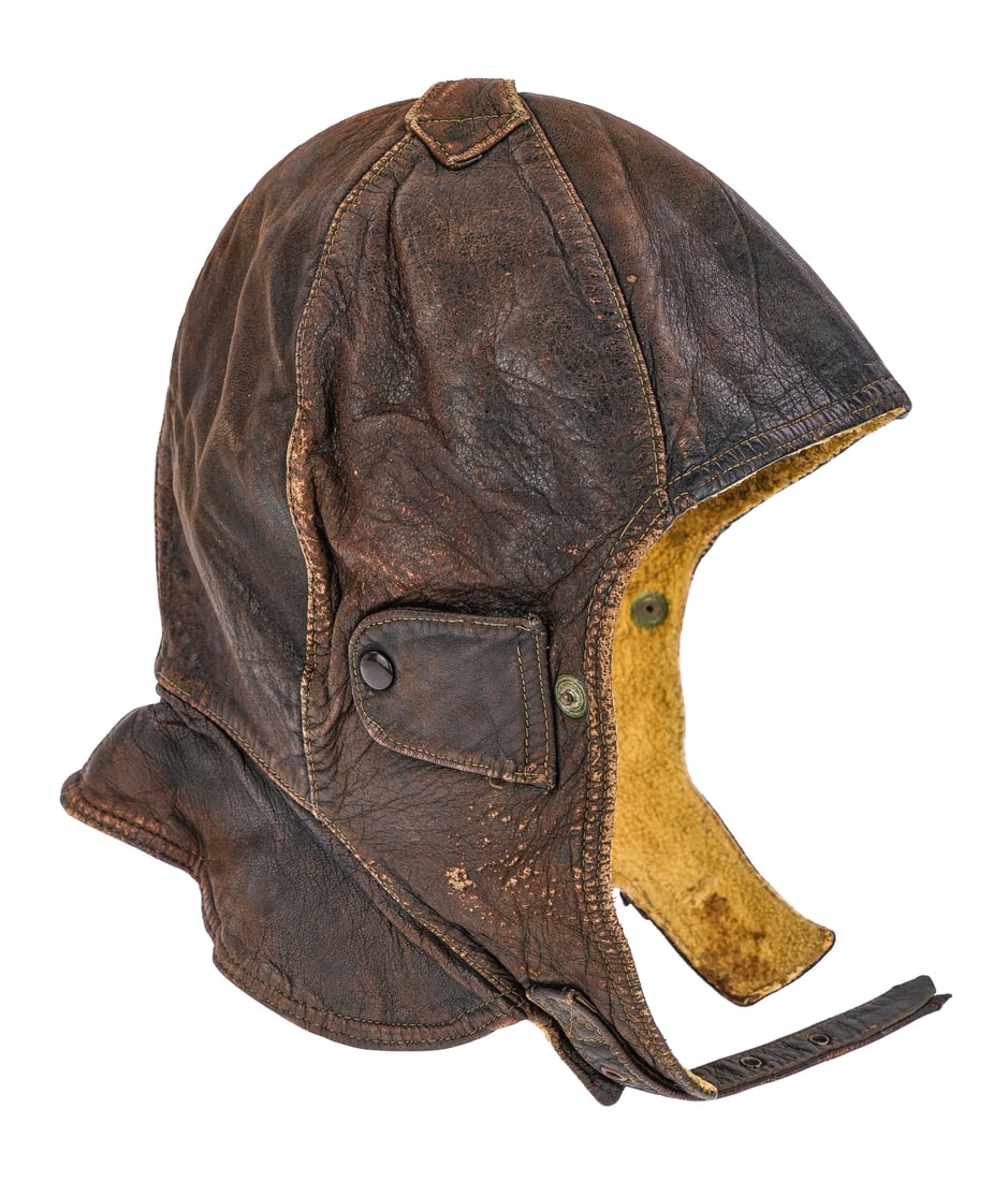 WWII Luftwaffe Aviator's Cap: WWII Luftwaffe NSFK (National Socialist Flying Corps) leather aviator's helmet cap, fleece lined, good overall condition