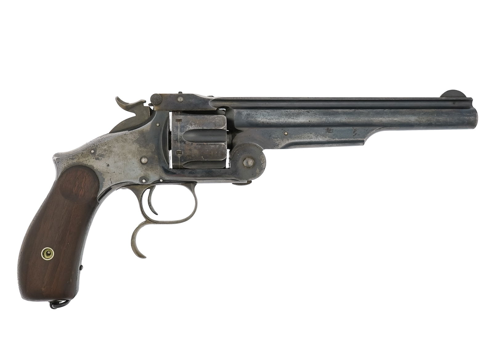 Smith and Wesson No. 3 Russian Revolver: Smith and Wesson No. 3 Russian Revolver second model in .44 Russian - single action. Appears to have diamond SH mark (Schuyler, Hartley and Graham) however serial number and markings are obscured by c