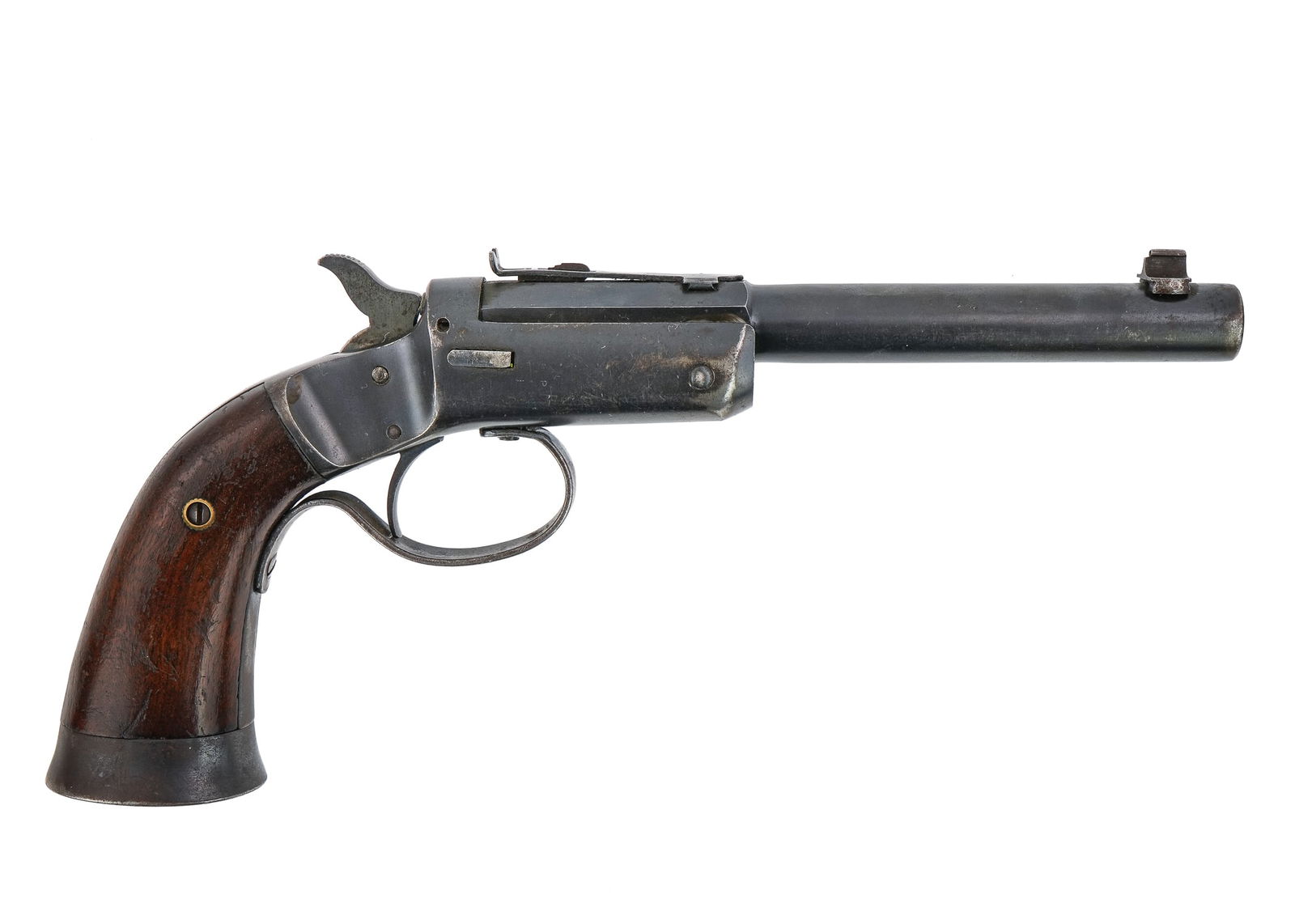 Stevens No. 35 Offhand Pistol: Stevens Model no. 35 Offhand Pistol in .22lr blued finish, only slight wear. 4" barrel 9.5" overall - Serial # 36158 FFL#174 THIS FIREARM REQUIRES A 4473 BACKGROUND CHECK OR FFL/C&R TRANSFER. PLEASE