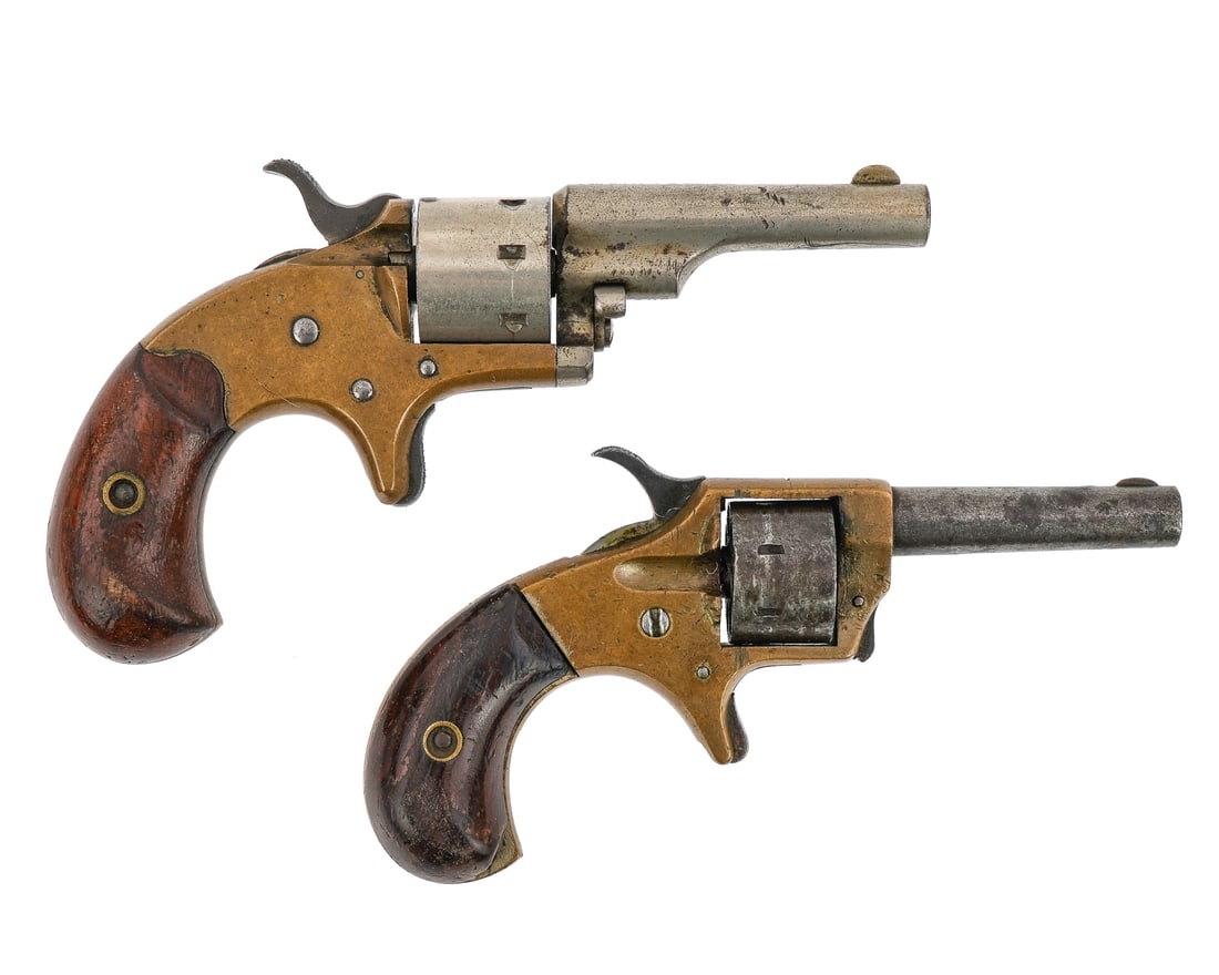 Colt Open Top Revolver and Marlin Revolver: Two 19th c Spur Trigger .22 Revolvers- One Colt "Open Top" Revolver 2.5" barrel 6" overall Serial # 66362 - JM Marlin "*OK*" pocket revolver in .22 Short 2.25" Barrel 5.5" overall. traces of nickel pl