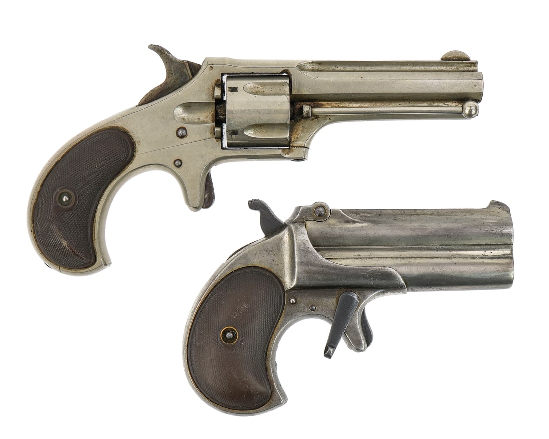Remington Smoot Revolver and Derringer: Two 19th c Remington Pistols- Remington Smoot #2 revolver in .30 Cal rimfire 2.75" barrel 7" overall- Bird head grip, spur trigger overall fine shape- Remington Arms Co. .41 Cal Derringer pistol 5" ov