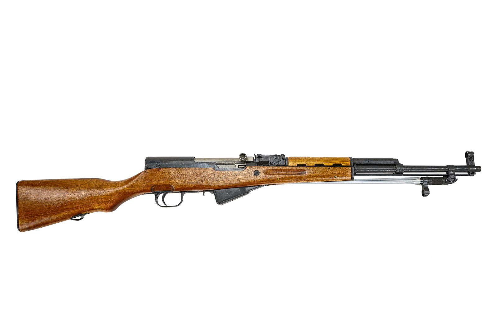 Chinese Type 56 SKS Rifle in 7.62 x39 Soviet: Chinese Type 56 SKS rifle in 7.62 x39 Soviet with built in bayonet. comes with bandoleer of accessories including stock tool kit, NOS canvas sling, small oil container/canteen stripper clip for ammo.