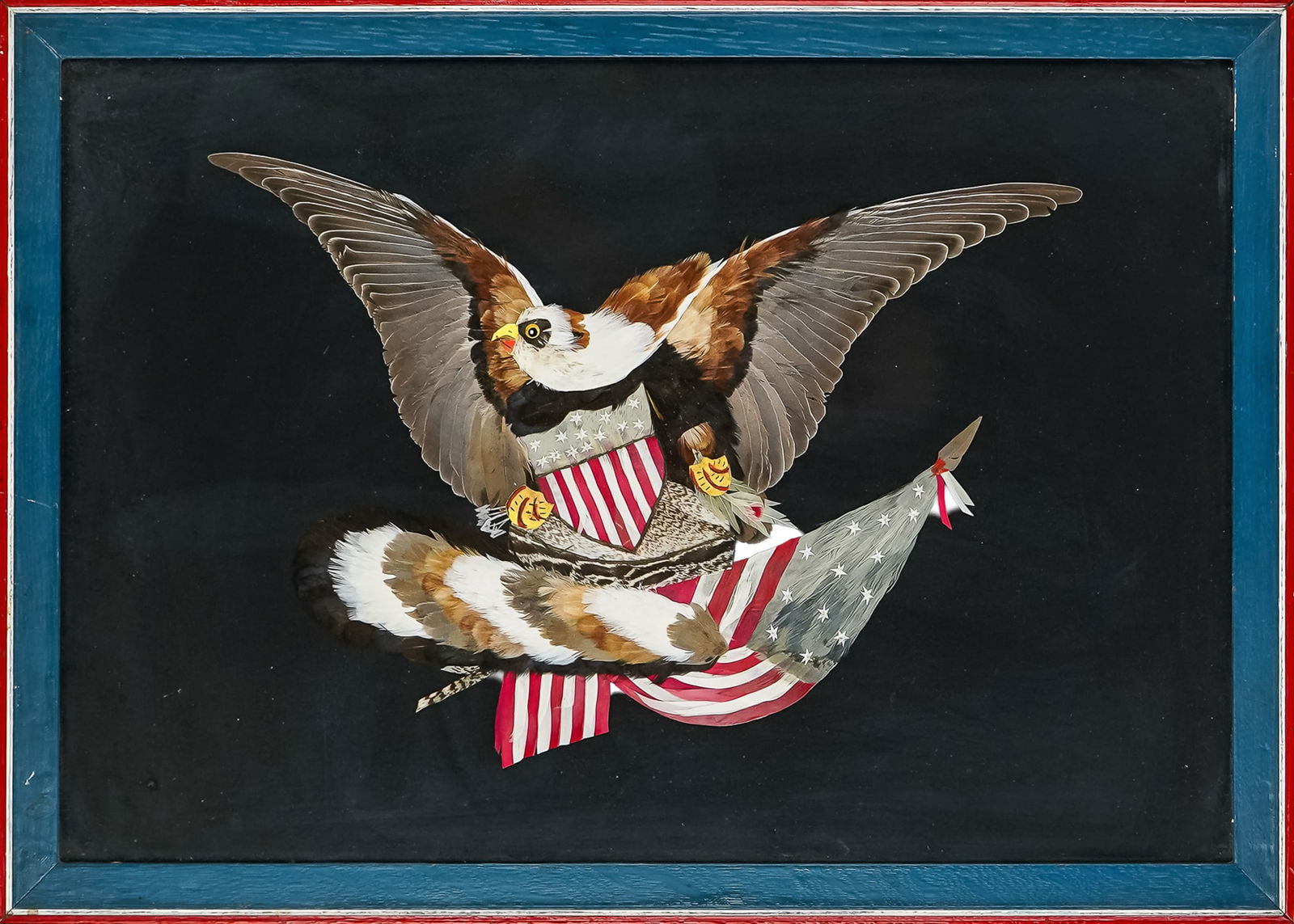 Patriotic Feather Eagle & Shield: Ca. 1900 feather & water color of eagle, shield, and flag. Black background with red, white, & blue frame. 21" x 15" to outside of frame.