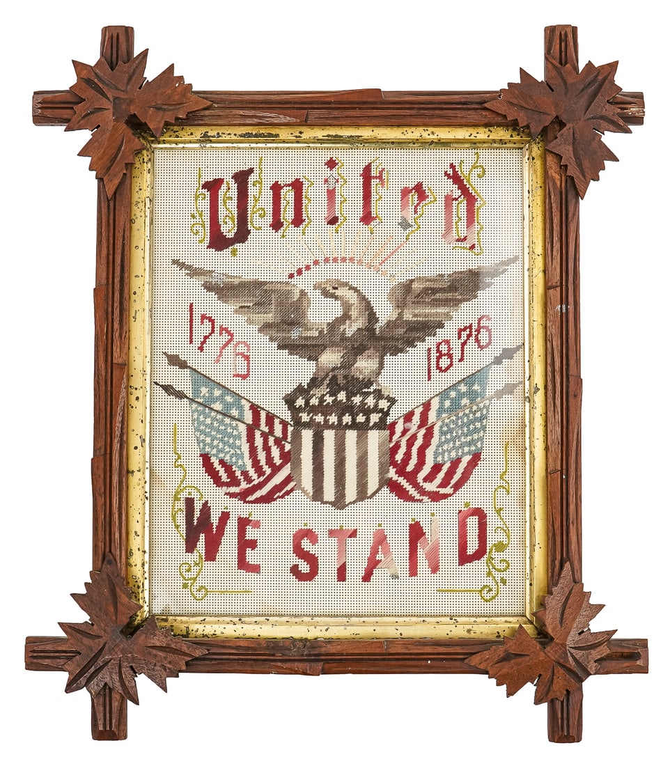United We Stand 1876 Patriotic Needlework: 1876 United States patriotic needle work "United We Stand 1176-1876". With eagle, flags, & shield. Image 8" x 10". Victorian black walnut frame with leaves.
