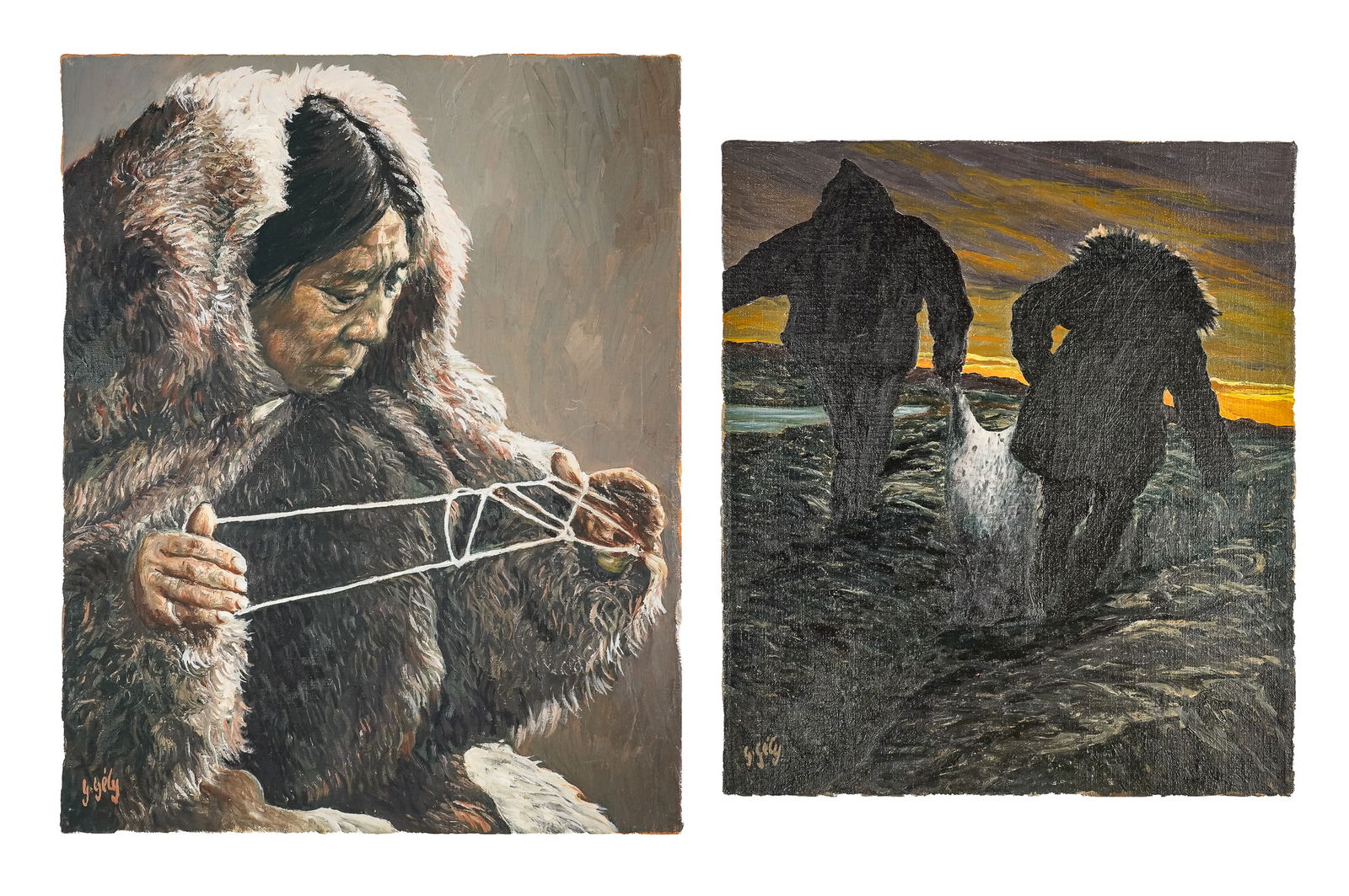 2 Inuit Paintings by Gabriel Gely: 2 oil on canvas paintings by Inuit artist Gabriel Joseph Gely, (Canadian, 1924-2020). One titled "Keenatin-Return Seal Hunt", 14" x 16". Second 16" x 20" of Inuit working line. Gabriel Gely is one of