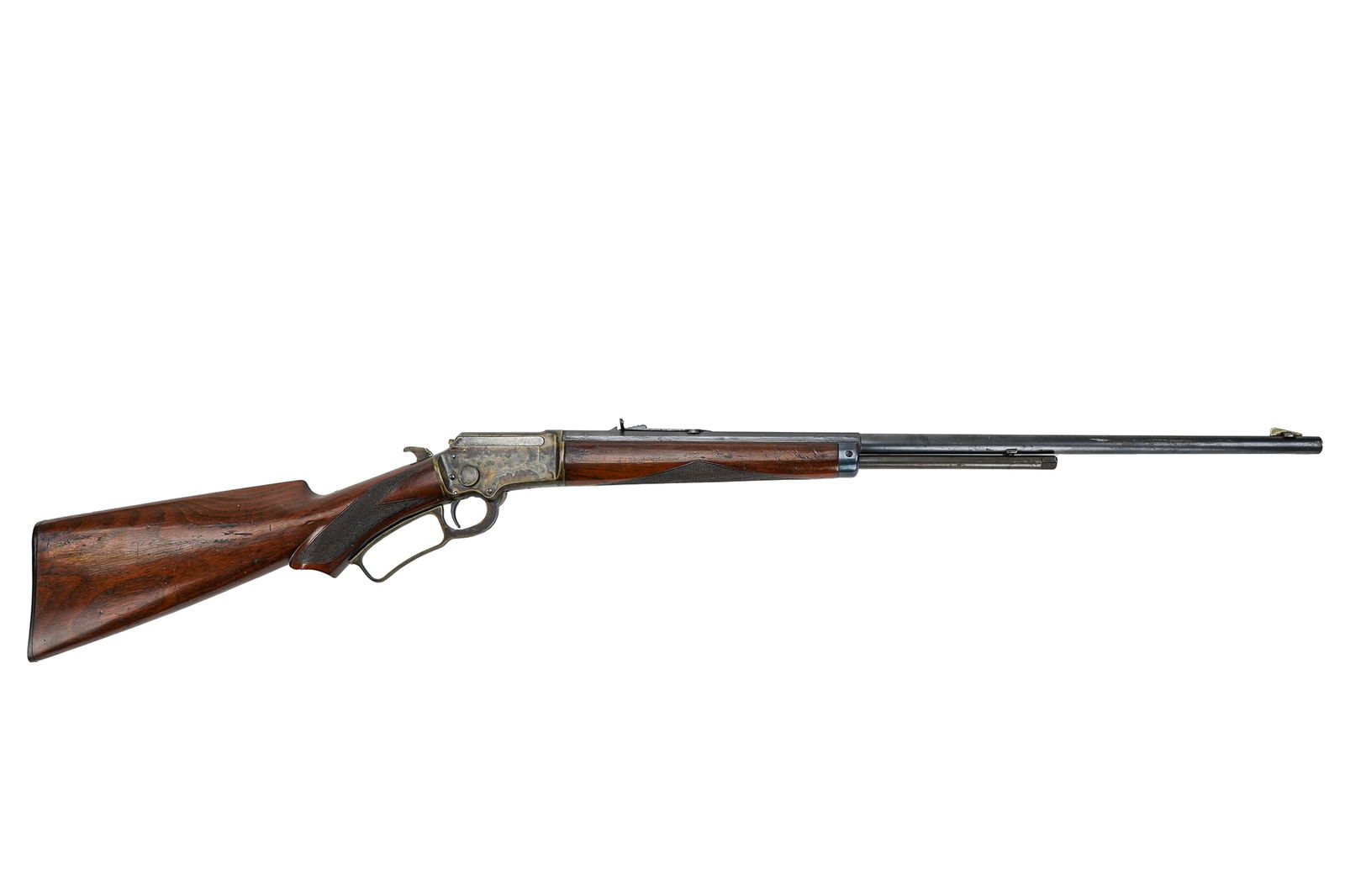 Deluxe Marlin Model 1897 Rifle in .22LR: 1903 Deluxe Marlin Model 1897 takedown Lever Action Rifle in .22LR Checkered, pistol grip stock with case hardened receiver 23.5" octagon barrel with 1/2 magazine Curved buttplate with Vulcanite Marli