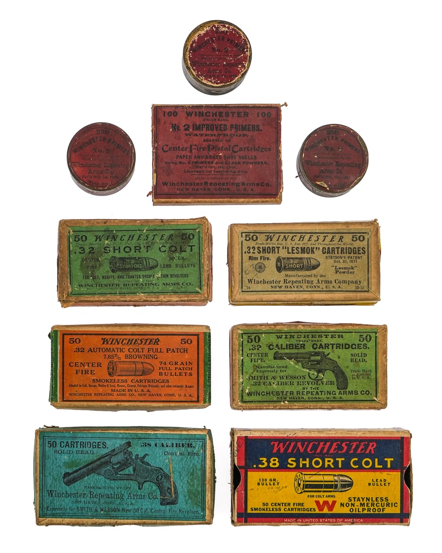 19th c Ammunition and Primers: A group of 19th c ammunition including Winchester 38 cal. Pin fire for Smith & Wesson new 38 cal revolver. Winchester 38 short Colt. Winchester 32 cal short Colt. Winchester 32 automatic Colt center f