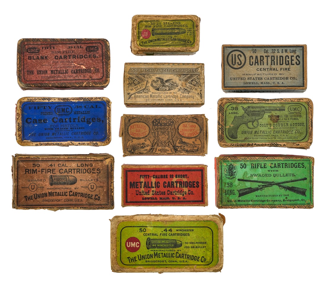 11 19th c Ammunition Boxes: 11 antique ammunition boxes including .32 caliber short target cartridges American Metallic Cartridge Company mostly complete. Fifty calibre .32 short metallic cartridges United States Cartridge Co. m