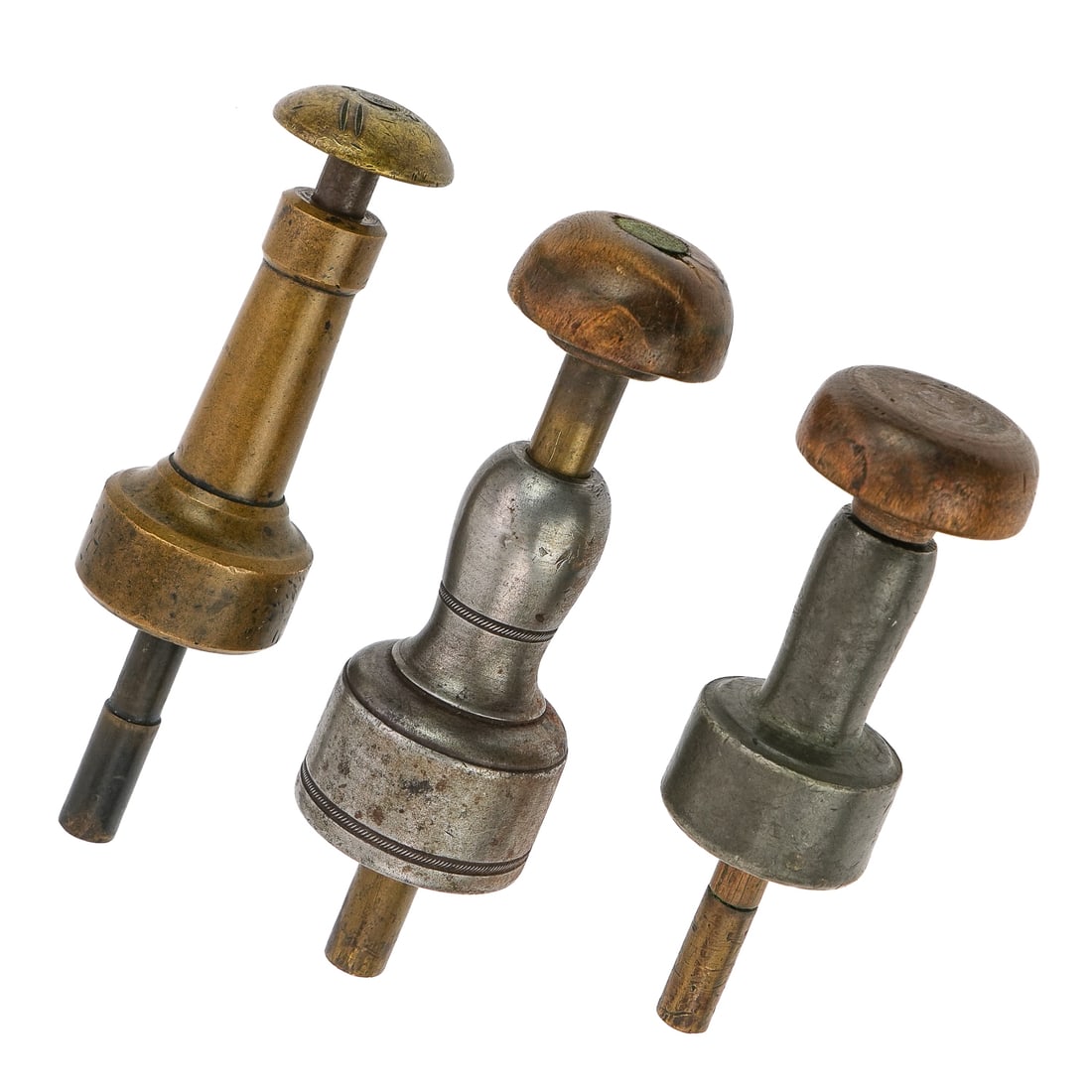 3 19th c Ball Starters: 3 19th c muzzleloader target rifle bullet starters. Two from pewter and wood. Third all brass/bronze. 4 3/4" to 4" long.