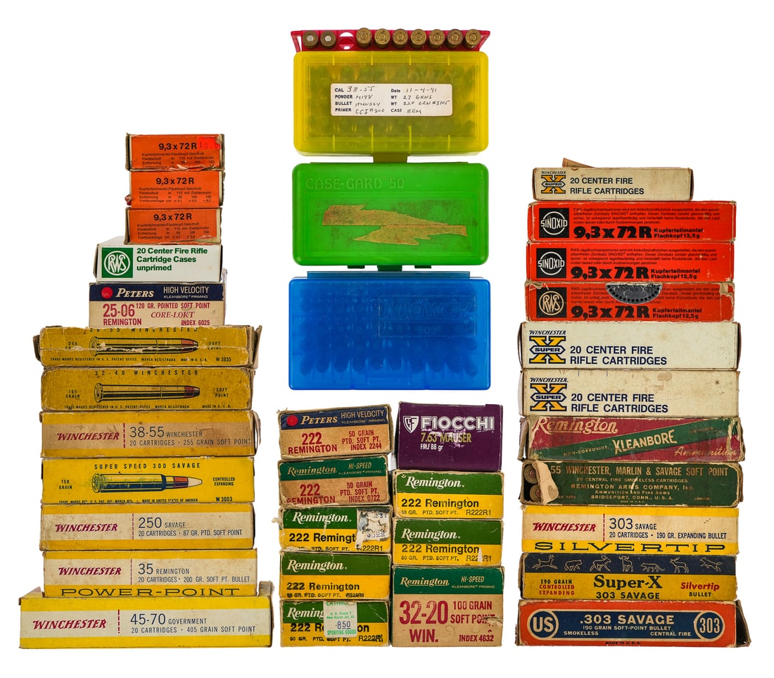 Vintage Rifle Ammunition: Vintage rifle ammunition including 7 boxes 222 Remington. 32-20. 3 boxes 300 Savage. 5 boxes 38-55. 3 boxes 303 Savage. Box 250 Savage. Box 35 Rem. Box 45-70. 4 boxes of 9.3 x 72. Box 25-06. And many