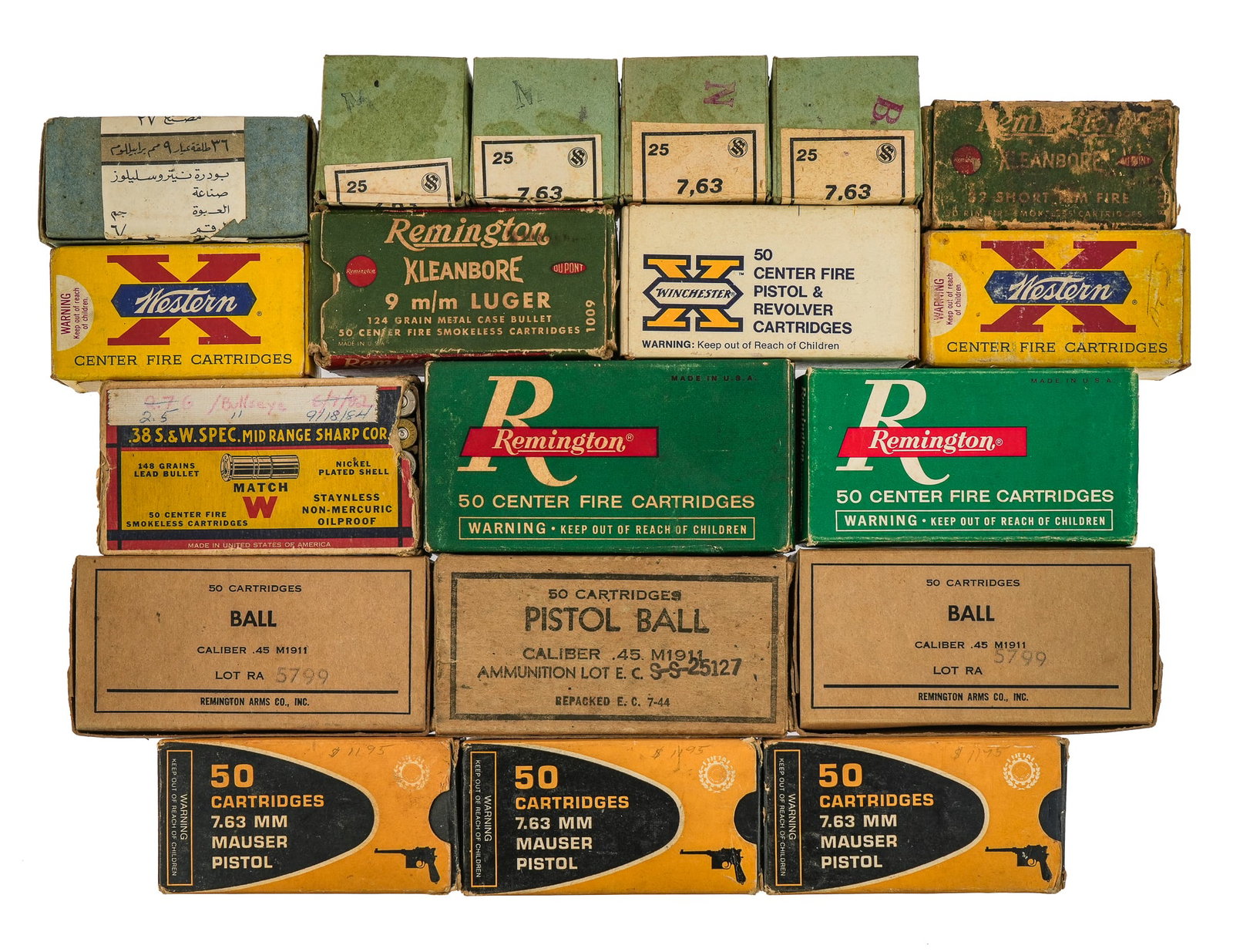 Vintage Pistol Ammunition: A group of vintage pistol ammunition including Western 32 automatic, .38 S & W Special, Winchester Luger 7.65 (full box), Remington 9 mm Luger (full box), 4 boxes 7.63 Mauser (full boxes), 3 boxes Mau