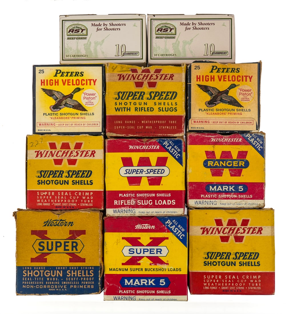 11 Boxes Vintage Shotgun Ammunition: 11 boxes of vintage shotgun ammunition including 2 - 10 rd boxes of RST 10 gauge 2 7/8. Peters 20 ga full with Mallard box. Winchester Super X and Super-Speed in 12 ga & 16 ga. Assume partial box unle