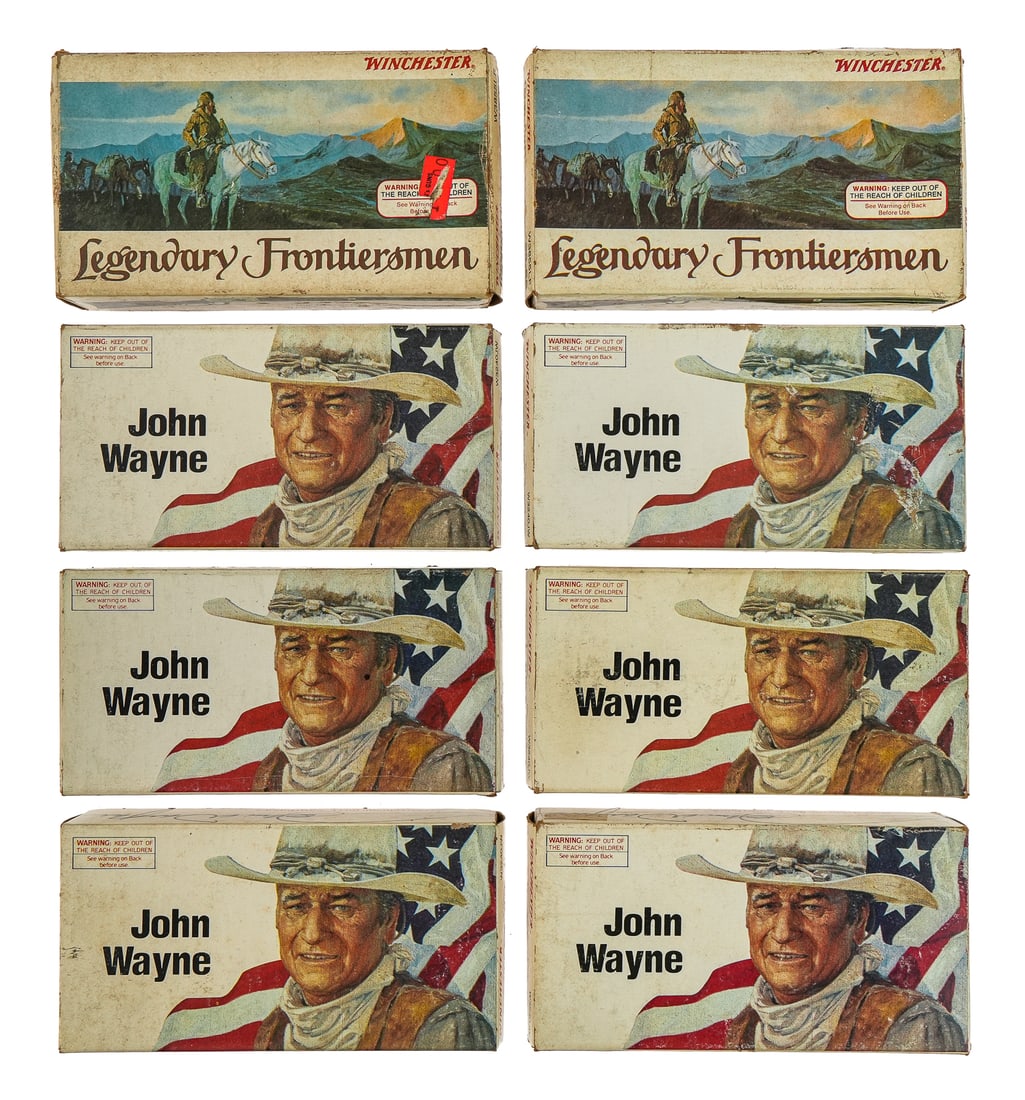 8 Boxes Winchester John Wayne & Frontiersmen Ammo: 8 boxes of vintage ammunition including 6 boxes of Winchester John Wayne 32-40 ammunition (partially full) and 2 boxes of Legendary Frontiersmen Winchester 38-55 ammunition (mostly full).
