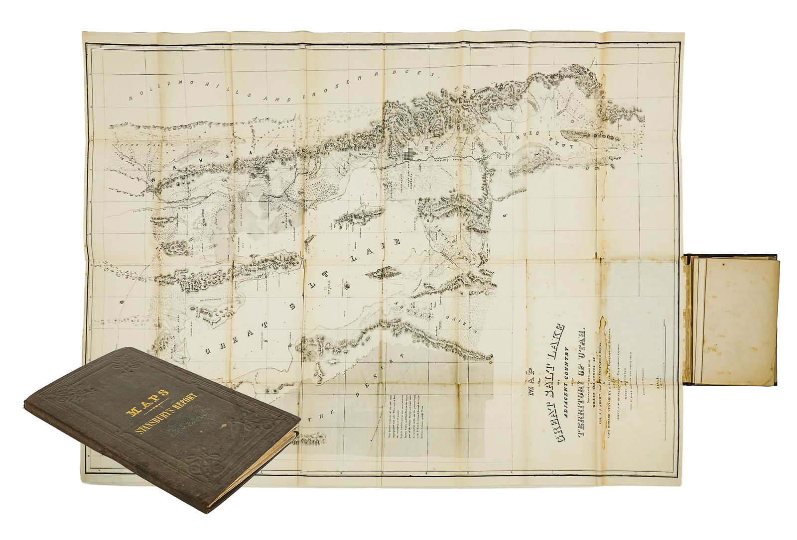 1852 Stansbury's Expeditions Folding Maps of Utah: 1852 Captain Howard Stansbury's Expedition- 2 folding maps on original boards- Map of the Great Salt Lake and Adjacent Country in the Territory of Utah, Map of a Reconnaissance Between Fort