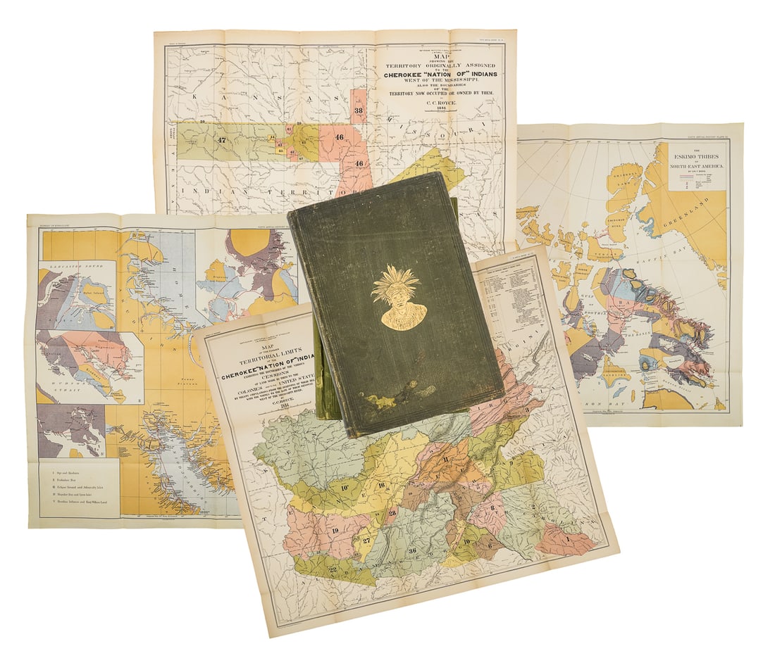 Bureau of Ethnography Annual Reports: Bureau of Ethnography Annual Reports- 1880's, 1890's (6 pcs)- color plates, printed photos fold out maps, including 1st report 1879-80 with burial customs, 3rd report 1881-82 with navajo weavers, 5th