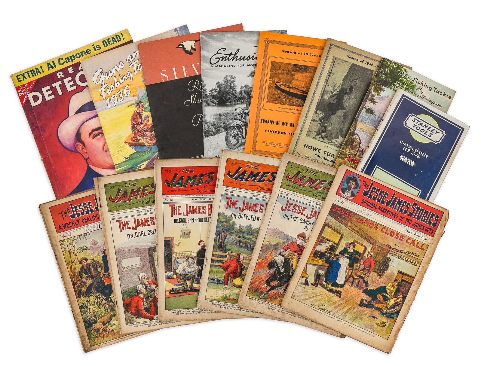 Vintage Sporting Catalogues, Pulps: Vintage sporting catalogues (8 pcs), including 1934-35 Marbles, 1934 Shakespeare, 1937 Stanley Tools, 1936-37, 1937-38 Howe Fur Co, April 1938 The Enthusiast motorcycle magazine, 1934 Stevens Arms Co