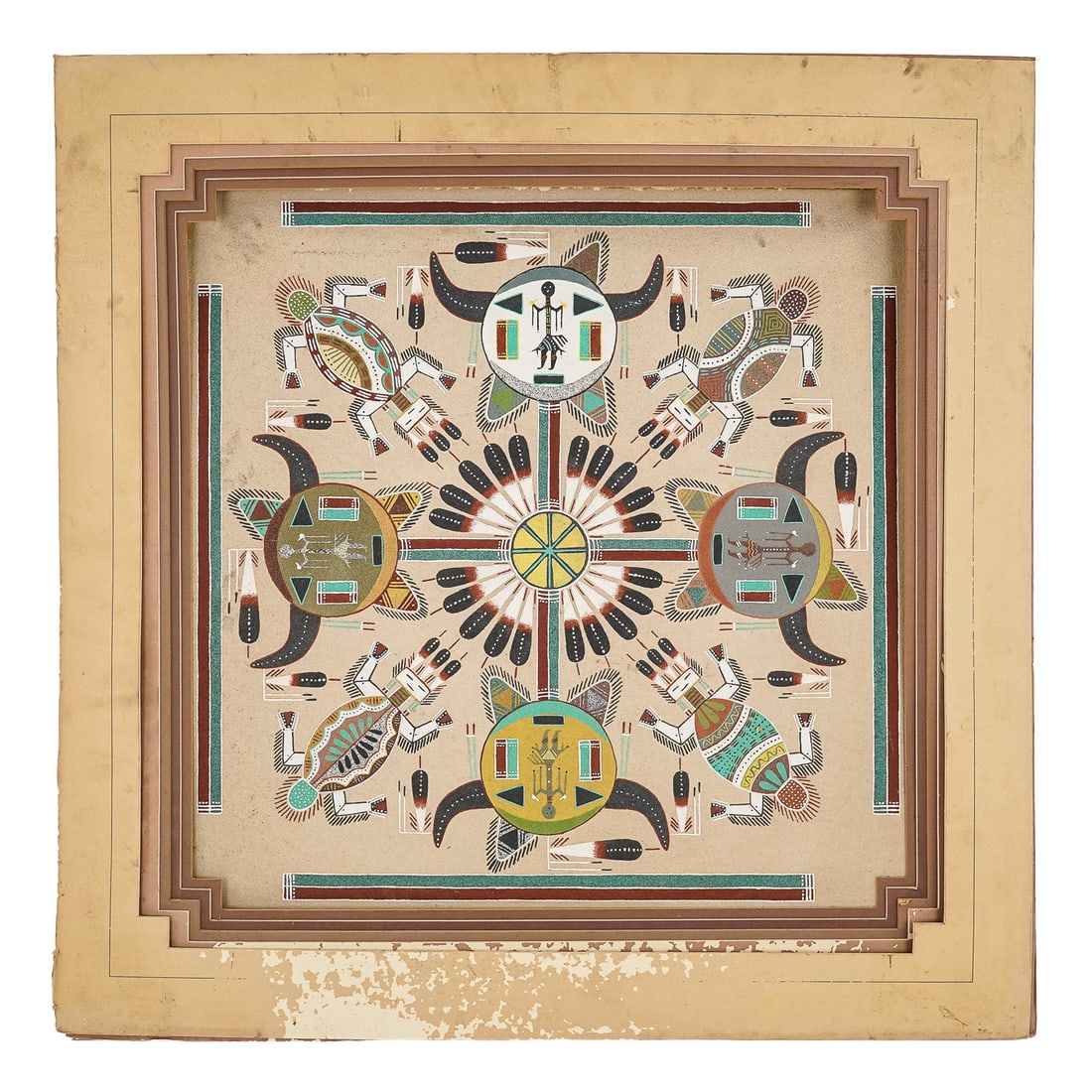 Rosabelle Ben Navajo Sand Painting: Rosabelle Ben (New Mexico 20th c) Navajo sand painting, matted but no frame, some staining, 17" x 17"