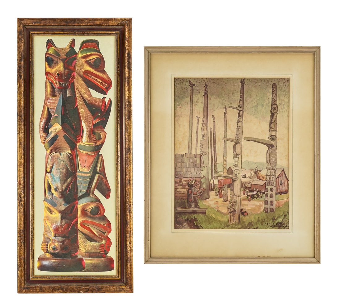 NW Coast Totem Prints: Northwest Coast totem prints- M Emily Carr (1871-1945) Totem Poles, Kitseukla print after the original 1912 painting now in the Vancouver Art Gallery, Canada, sight 18" x 14", sold with an unsigned to