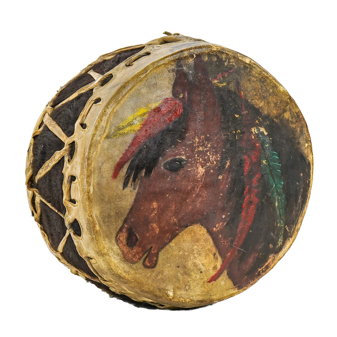 Late 19th c Plains Indian Drum: Late 19th c Plains Indian drum, hide, bearskin, with painting of Indian pony, 12"x 9 1/2"