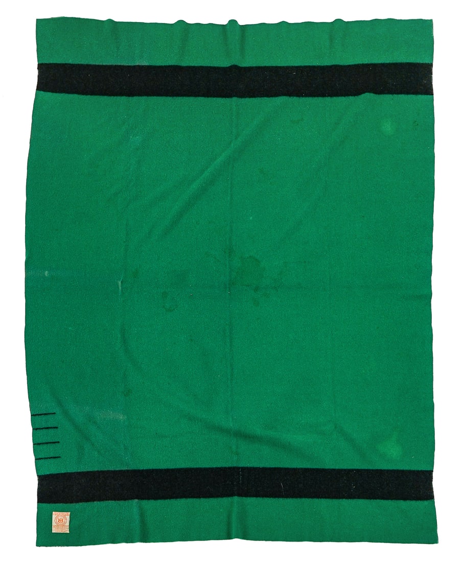 Hudson Bay Company 4 Point Blanket: Hudson Bay Company labeled 4 point green wool blanket (full size), overall good condition, 67" x 83"