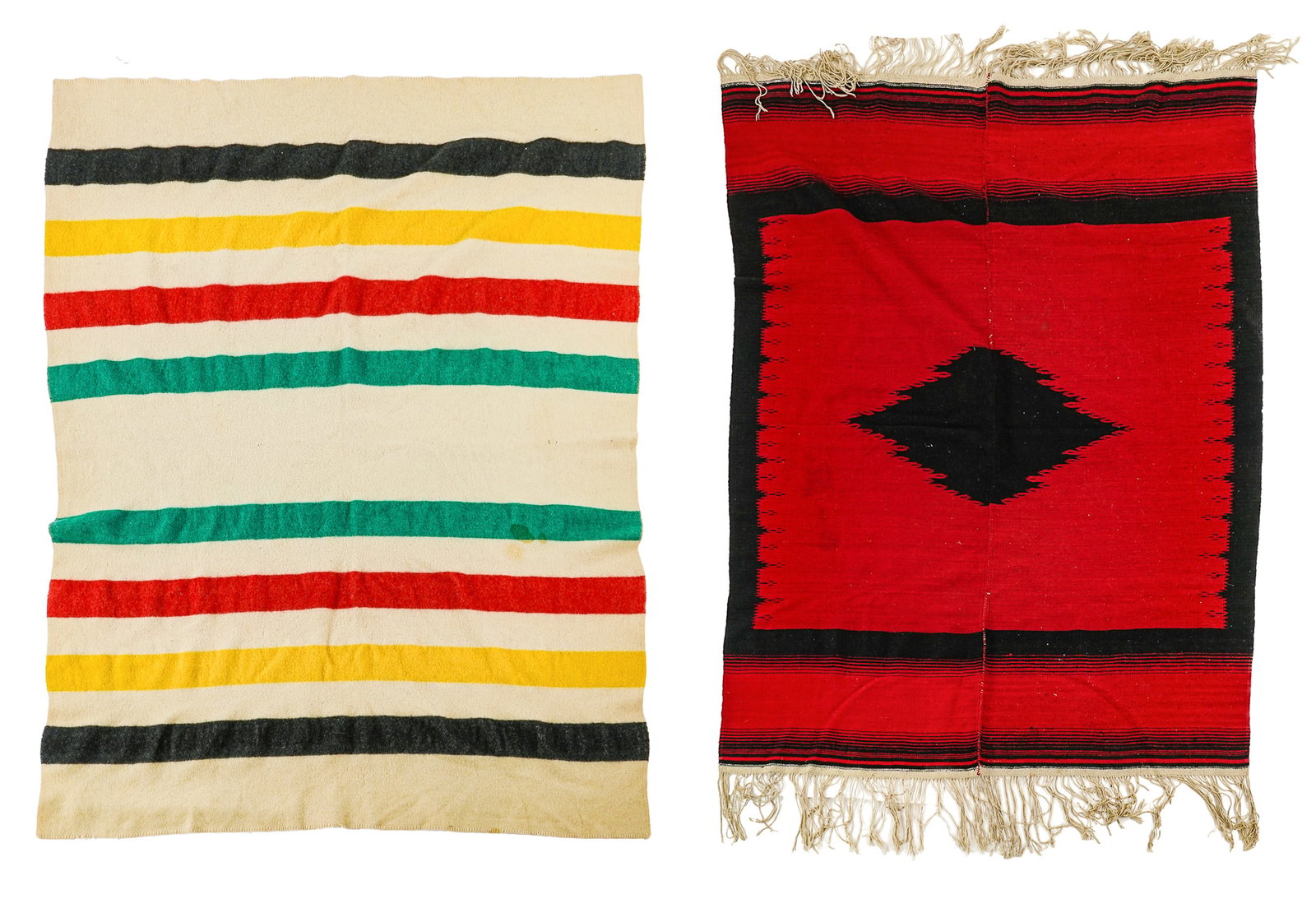 Two Vintage Wool Blankets: Horn Brothers "H B Co Canadian Made" red and black wool blanket, 59" x 75", sold with an unsigned 5 color wool blanket, 66" x 84", both with some stains, small holes, slight damage
