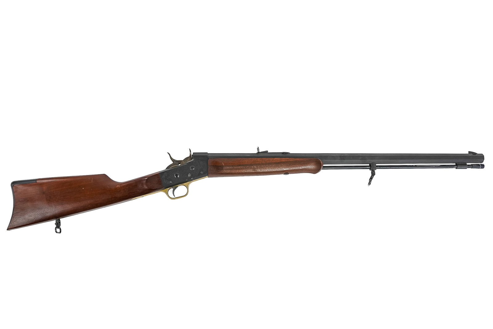 Pedersoli Rolling Block Black Powder rifle in.50 cal: Italian made Pedersoli .50 caliber black powder muzzle loading rifle with a single shot capacity with a 27" hexagonal barrel. Smooth metal butt plate. Wood stock and Schnabel style front foregrip. Bla