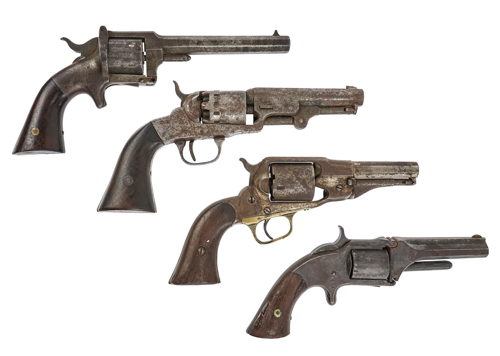 Four 19th c Revolvers in as found condition.: Four 19th c Civil War era Revolvers in as-found condition. Remington New Model Navy in .36 cal with 3.5" barrel 9" overall, Replaced screws, Cylinder does not index or cycle. , LW Pond Pocket revolver