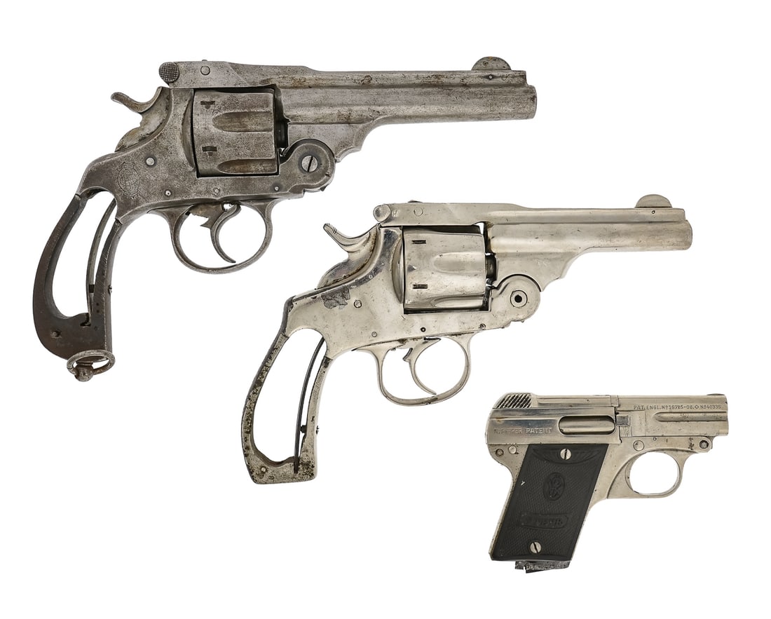 Three Early 20th c Pistols as found: Three Early 20th c Pistols as Found- Eibar Revolver in .44 As found - NSN, Missing grips, no grips. Smith and Wesson Break Action. Smith and Wesson nickel Plated Revolver in .44 cal missing grips and