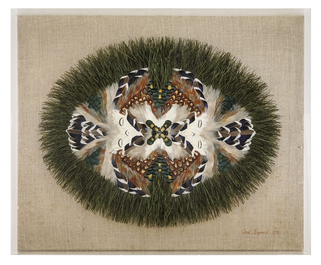 Native American Shadow Box with Feather Art: Contemporary shadow box with feather & peacock sculpture. By Carol Koptick. 38" x 32" x 5".