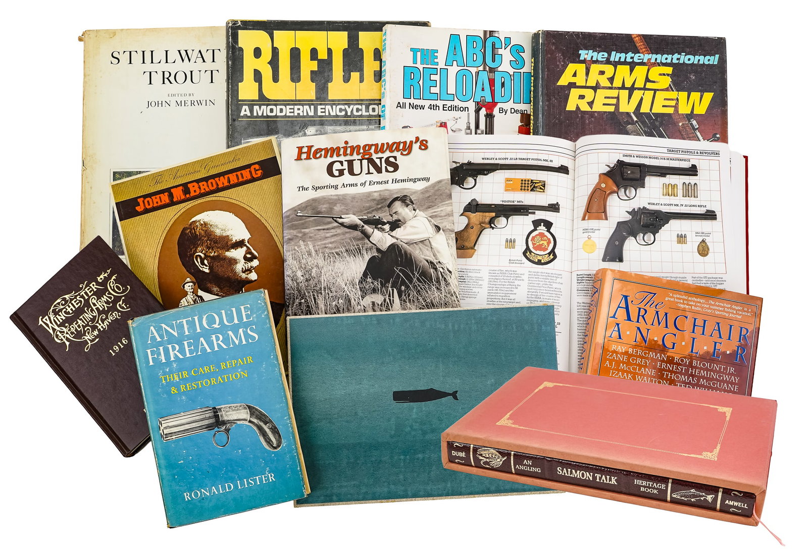 Large Lot of Firearms books: Group of reference books regarding firearms and sporting . including - Antique Firearms-Lister; Salmon Talk - Dube (827 of 1000 Author signed, slip cased) ; Armchair Angler; Hemingway's Guns-Calabi; A