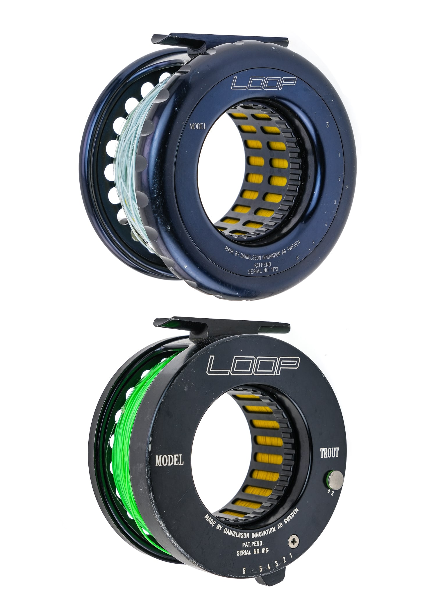 2 Loop Fly Reels: 2 Loop fly reels. One Loop Hi-tec 3, Salmon / steelhead reel with line, box, & bag. Second is Loop trout model, with line, box, bag, & spare spool. Also with two Loop fly lines, 10-F and 10-FS.