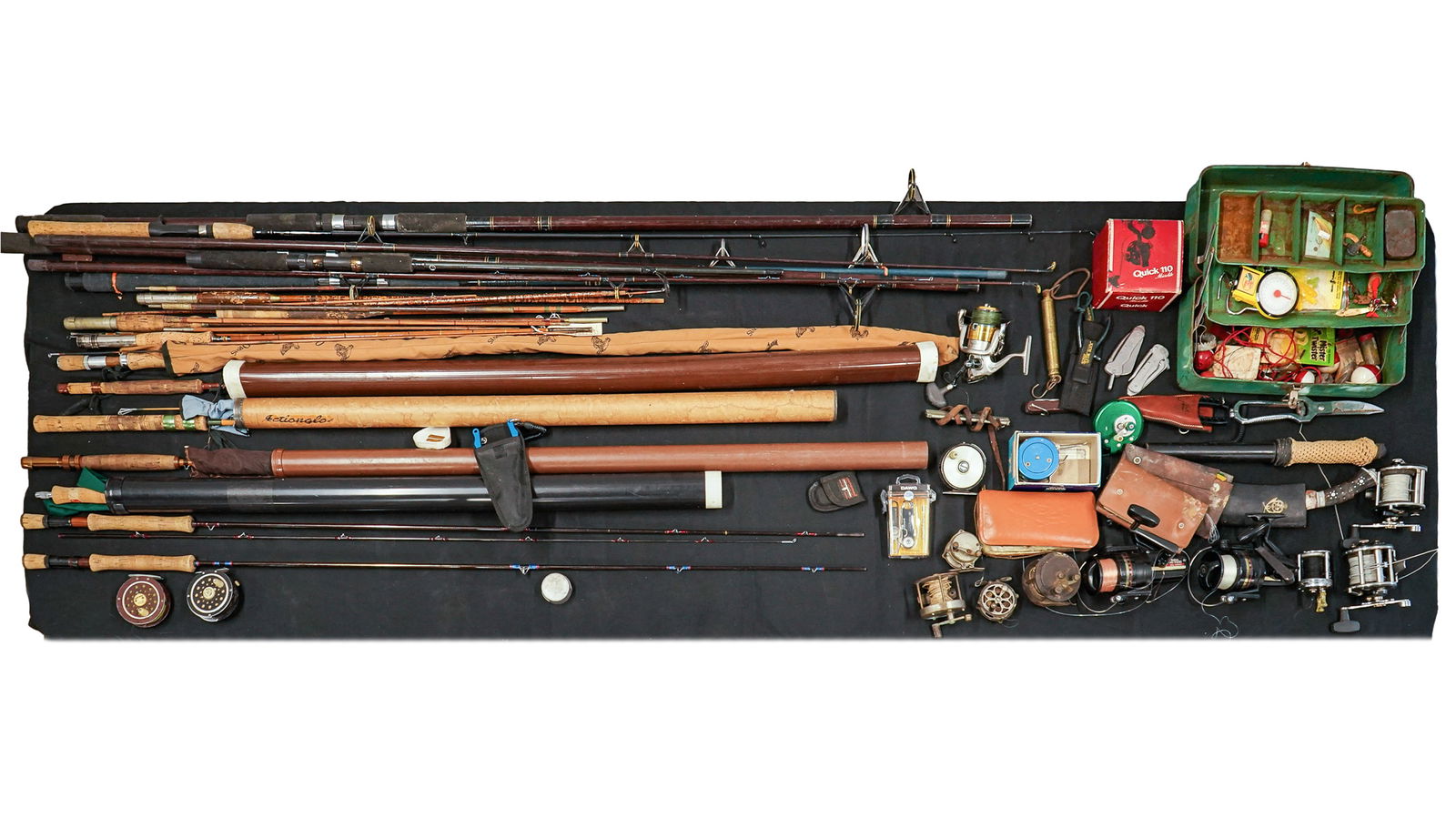 Vintage & Modern Fishing Tackle: Vintage and modern fishing tackle including bamboo fly rods, surf casting rods, two 1980's graphite fly rods, 2 South Bend fly reels, Penn deep sea reels, Martin automatic fly reel in original box. Or