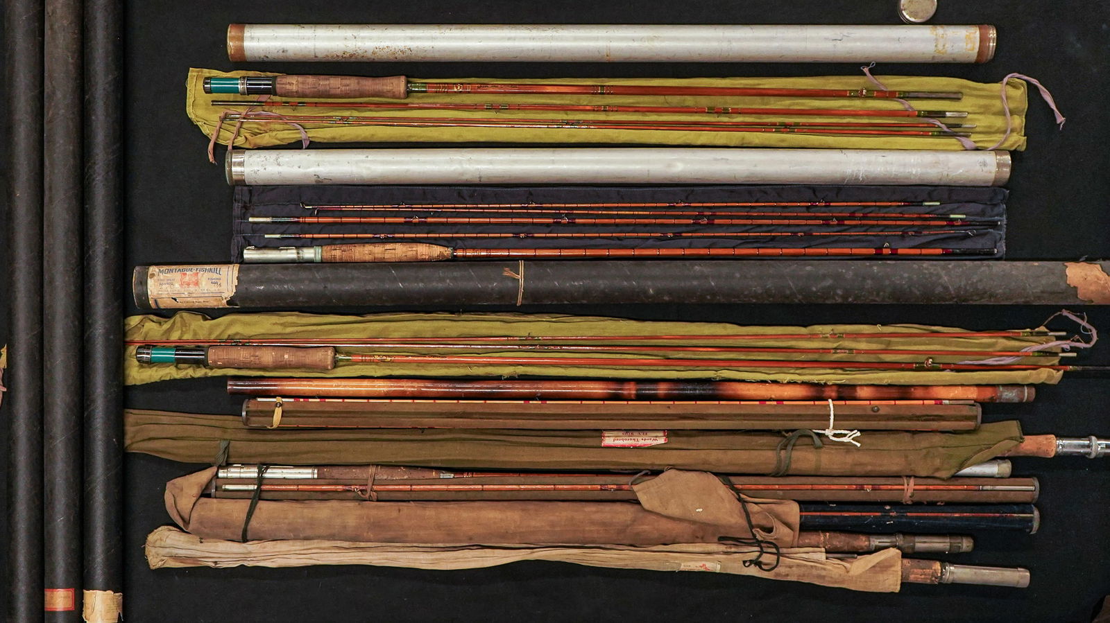 11 Bamboo Fly Rods: A group of 11 vintage bamboo fly rods. 3 Granger in original tubes in good condition. 2 Green Tonklin with bag and tubes in good condition. And others in good condition.