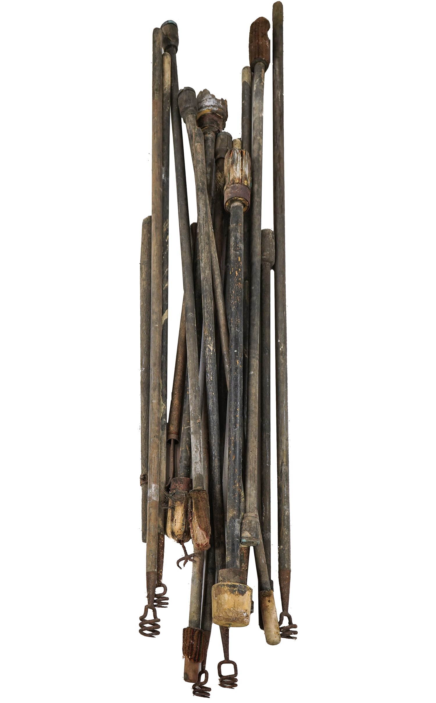 19th c Civil War Era Cannon Ramrods: A group of Civil War era cannon ramrods and pulls. 9 ramrods, 6 pulls, and 2 lever rods to move cannon. Various states of condition and damage. Approx. 8 feet long.