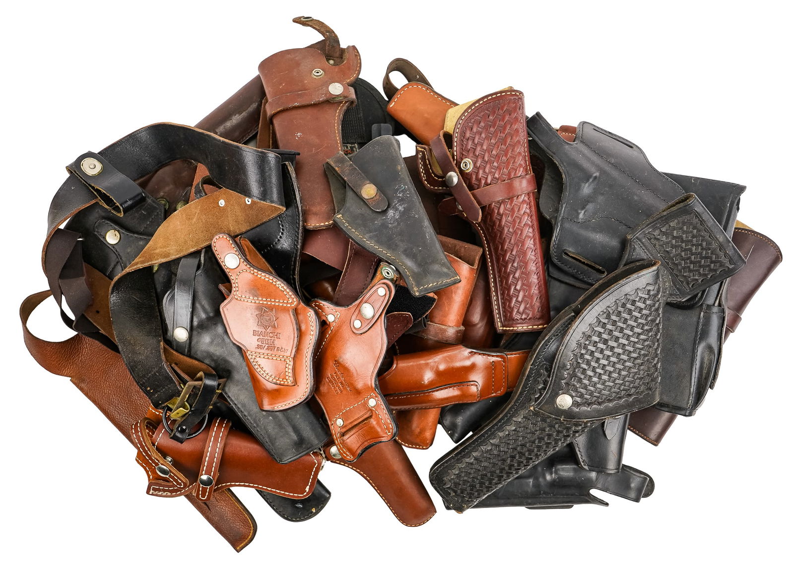 Group of Holsters and leather.: Approximately 35 holsters for Including Bianchi, Hunter, Longhorn mostly strong good quality pistol holsters. Most unused a few fitted to revolvers.