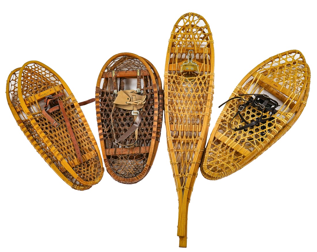 Four Pairs of Mid 20th c Snowshoes: Four pairs of mid 20th c snowshoes, including Bastien Mfg, Village Huron, PQ, Farrin, Columbia Md, 2 pr VT Tubbs