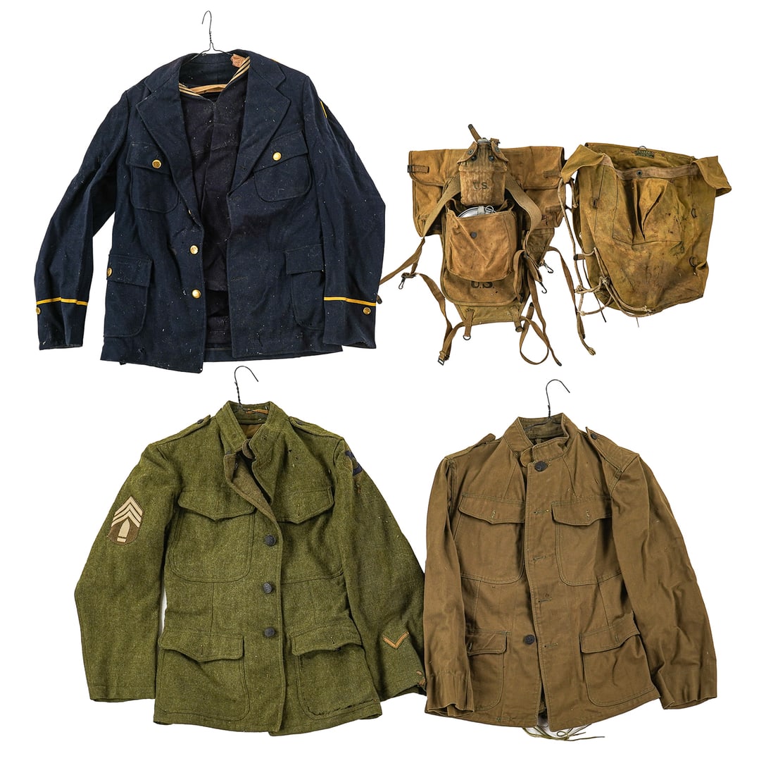 WWI Army Tunics, Rucksack: WWI Army tunic with Yankee Division, Coastal Artillery NCO patches (tunic has some moth damage), WWI US Army M1910 Haversack, other Army coats, pack