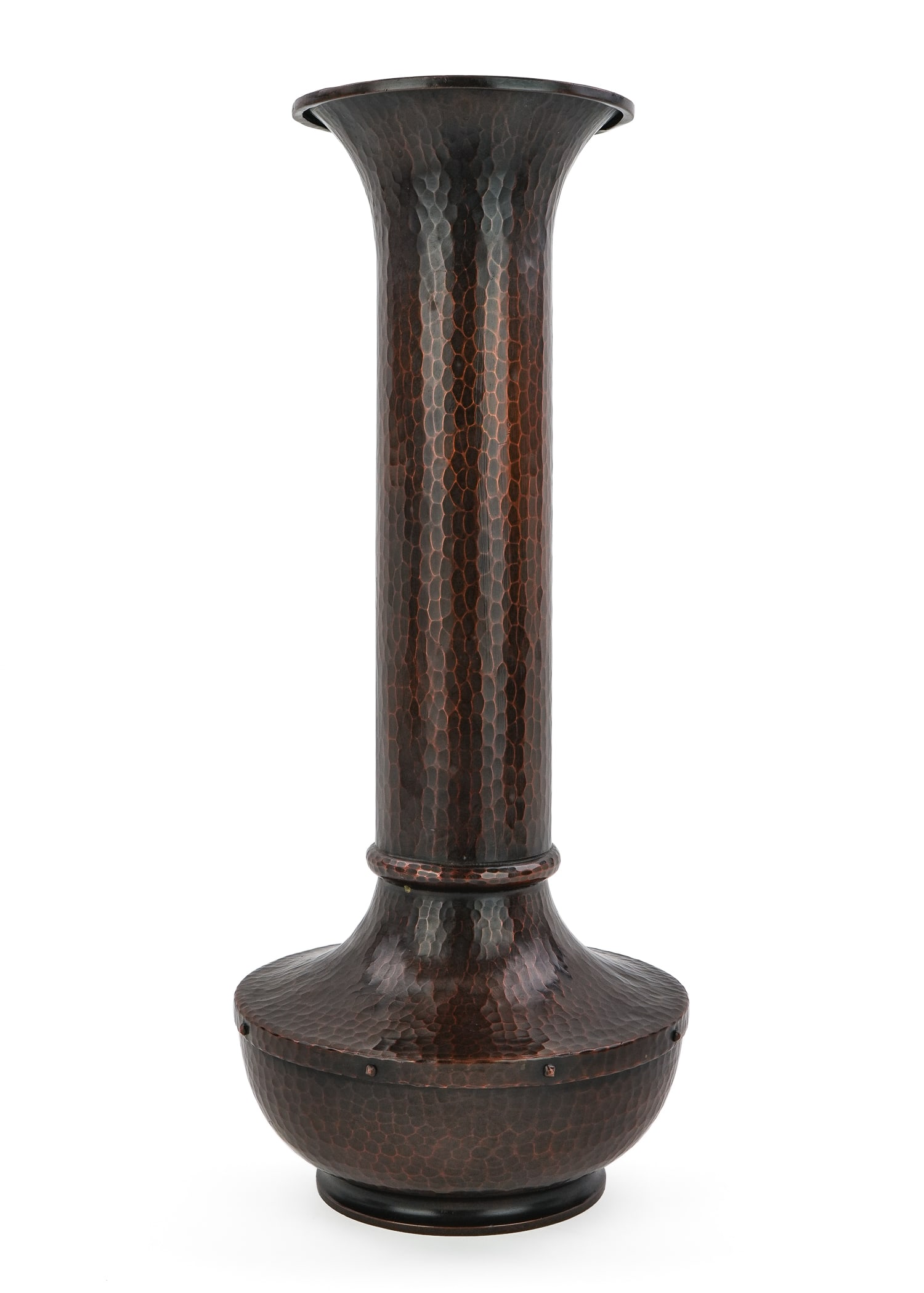 Roycroft American Beauty Vase: Ca 1912 Arts & Crafts Roycroft "American Beauty" vase, designed by Victor Toothaker (1882-1932), East Aurora, New York, hand-hammered copper. early Roycroft orb mark, Aurora finish, ht 18.5"