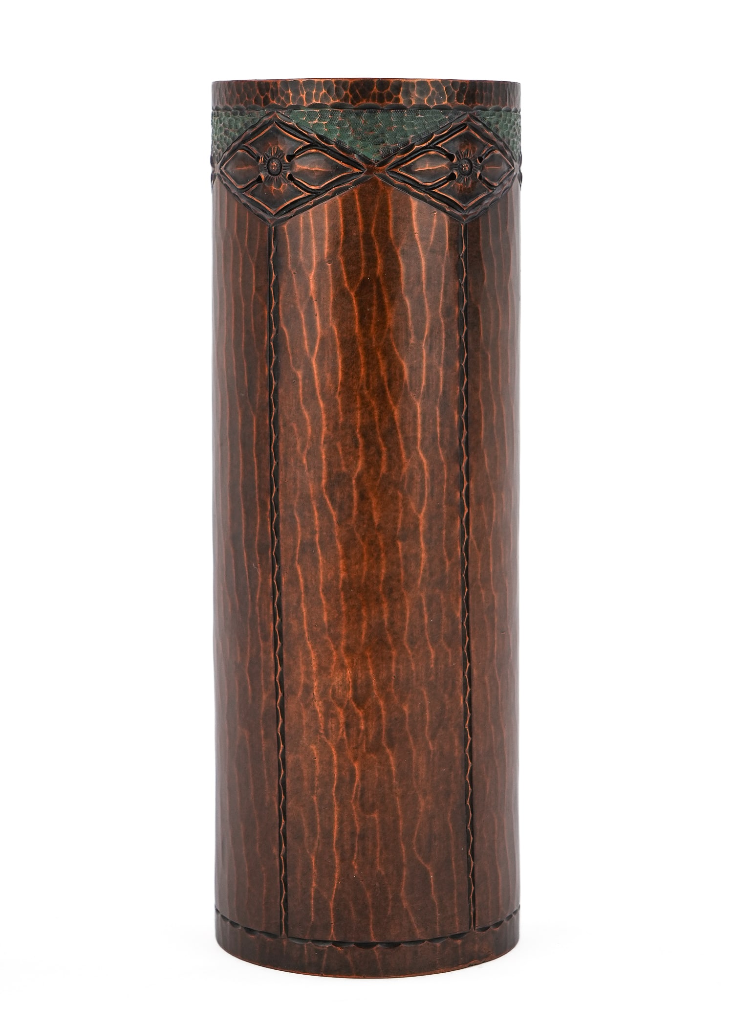 Roycroft Dogwood Cylinder Vase: Ca 1920 Arts & Crafts Roycroft "Dogwood" cylinder vase, East Aurora, NY, hand-hammered copper, green polychrome accents, Roycroft orb mark, Aurora finish, ht 7 1/2"