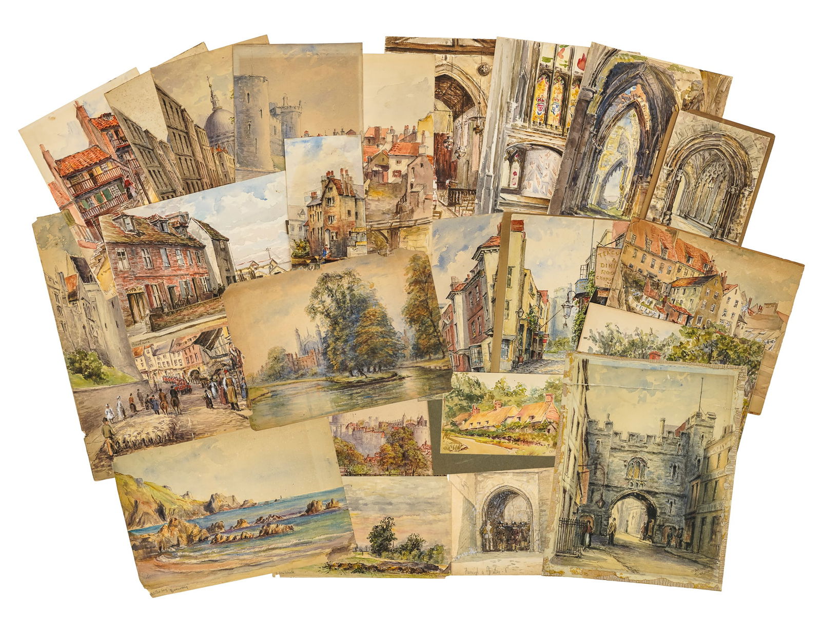Folio of 19th c English Watercolors signed EH WHomes: Folio of Approx 40 Watercolor Landscapes and views of historical sites, architecture etc. signed EH Whomes, Various sizes from 8 x 6" to 13 x 9" some toning and edge losses.