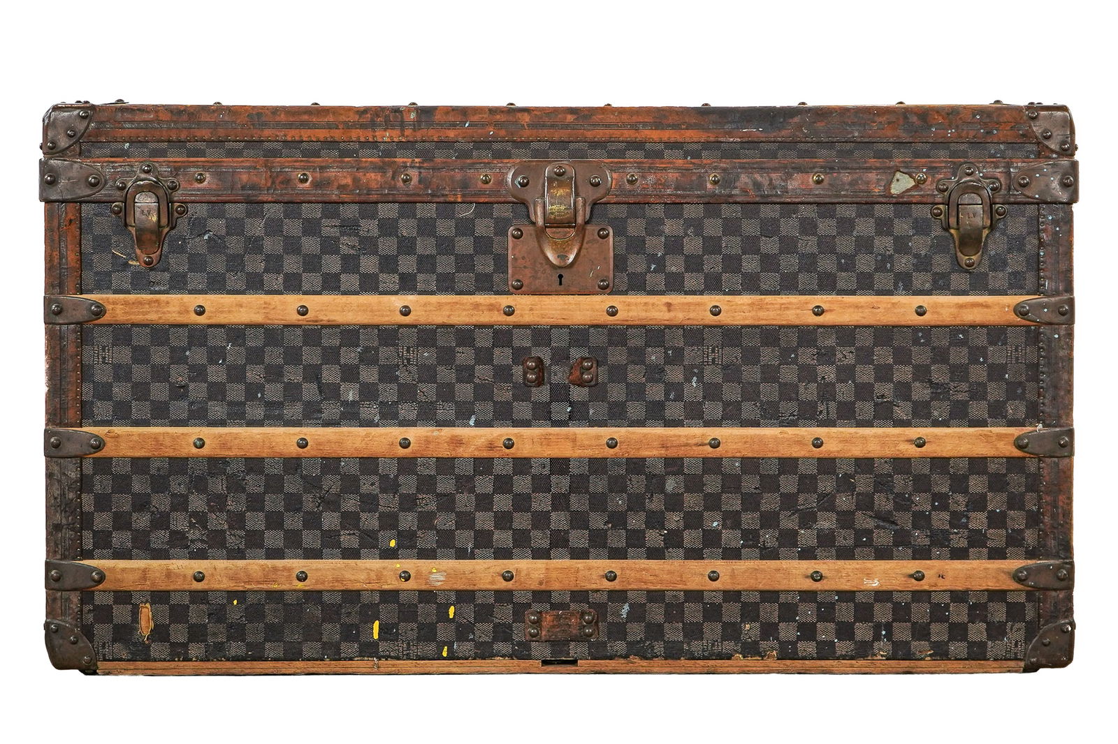 Louis Vuitton Steamer Trunk: Louis Vuitton Steamer Trunk- with checkered exterior, red and blue ribbon quilted top, large London/ Paris Louis Vuitton Label serial Number 30403, missing tills - 22 x 40 x 22"