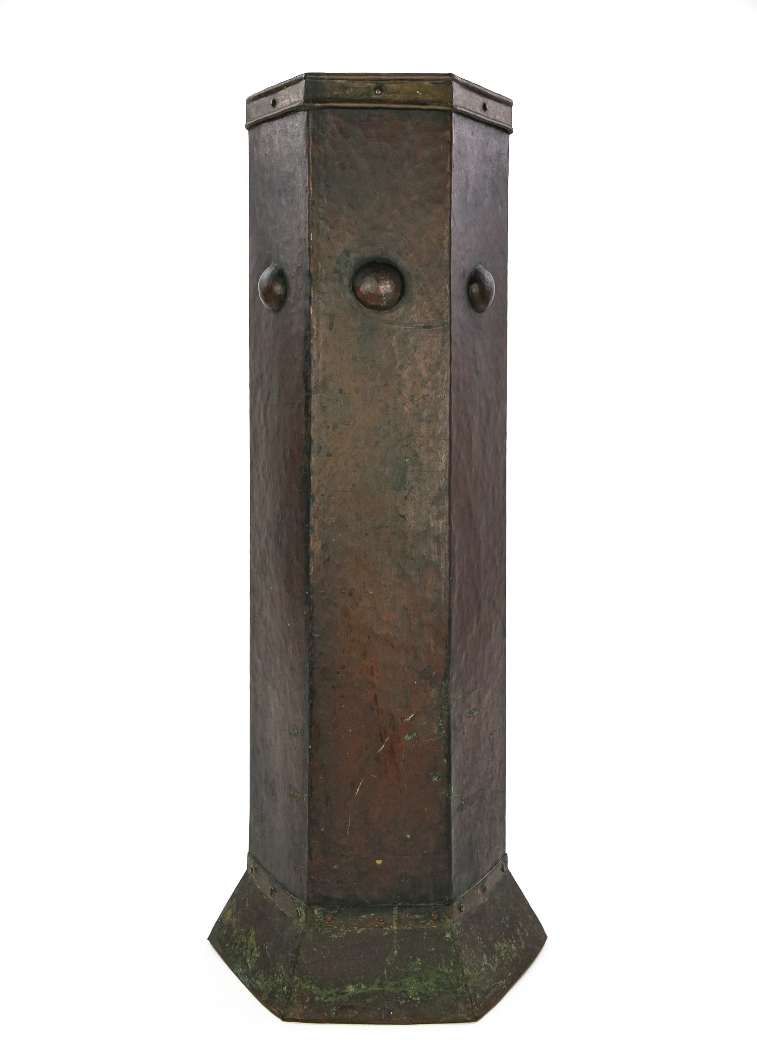 Stickley Copper Umbrella Stand: Ca. 1910 Stickley copper hammered hexagon umbrella stand. Impressed mark 180 on bottom. 26" high. Age appropriate oxidized surface.