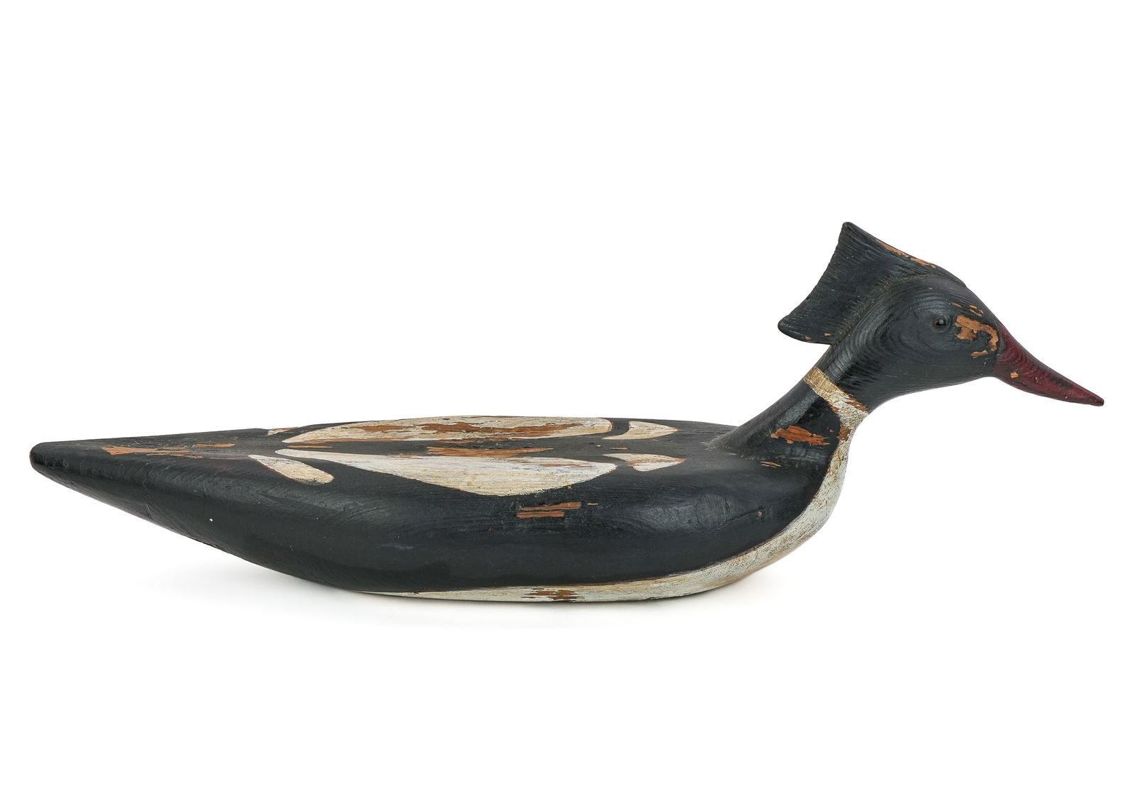 Early 20th c Merganser Duck Decoy: Early 20th c Merganser duck decoy, old paint, glass eyes, length 22", ht 7 1/2"