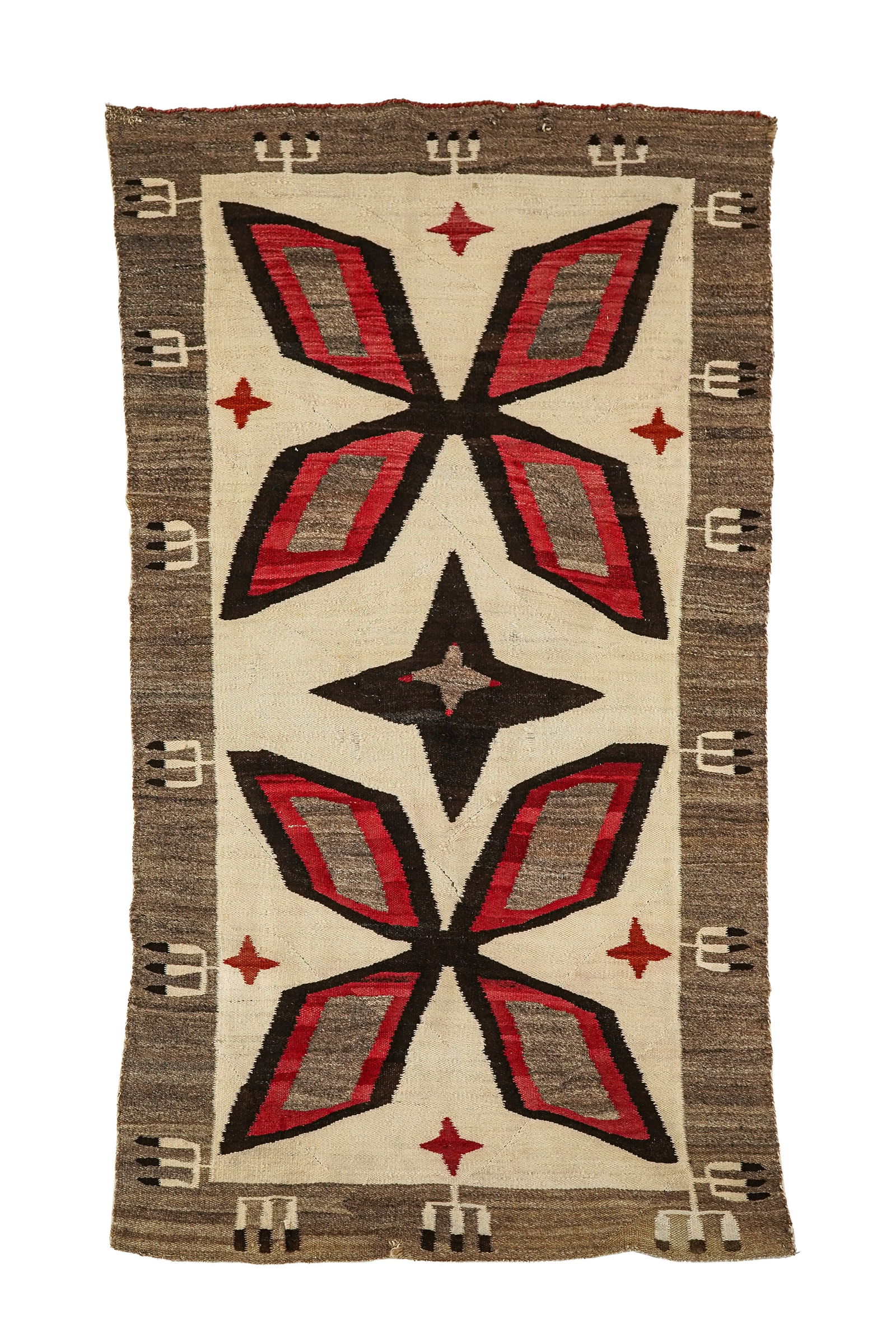 Navajo Five Color Rug: Navajo Ganado five color rug, sun faded on one side, edge damage on both ends, make do repairs on one end, 38" x 71"