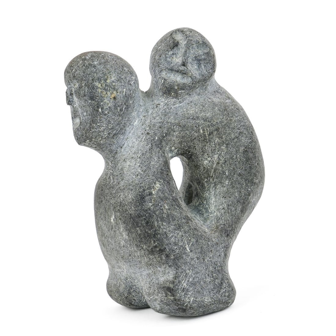 John Tiktak Mother and Child Inuit Sculpture: Important signed ca 1970 John Tiktak (Rankin Inlet Northwest Territory, Canada 1916-1981) Inuit soapstone sculpture Mother and Child, ht 5 1/2", signed on underside of base with carved syllabics,