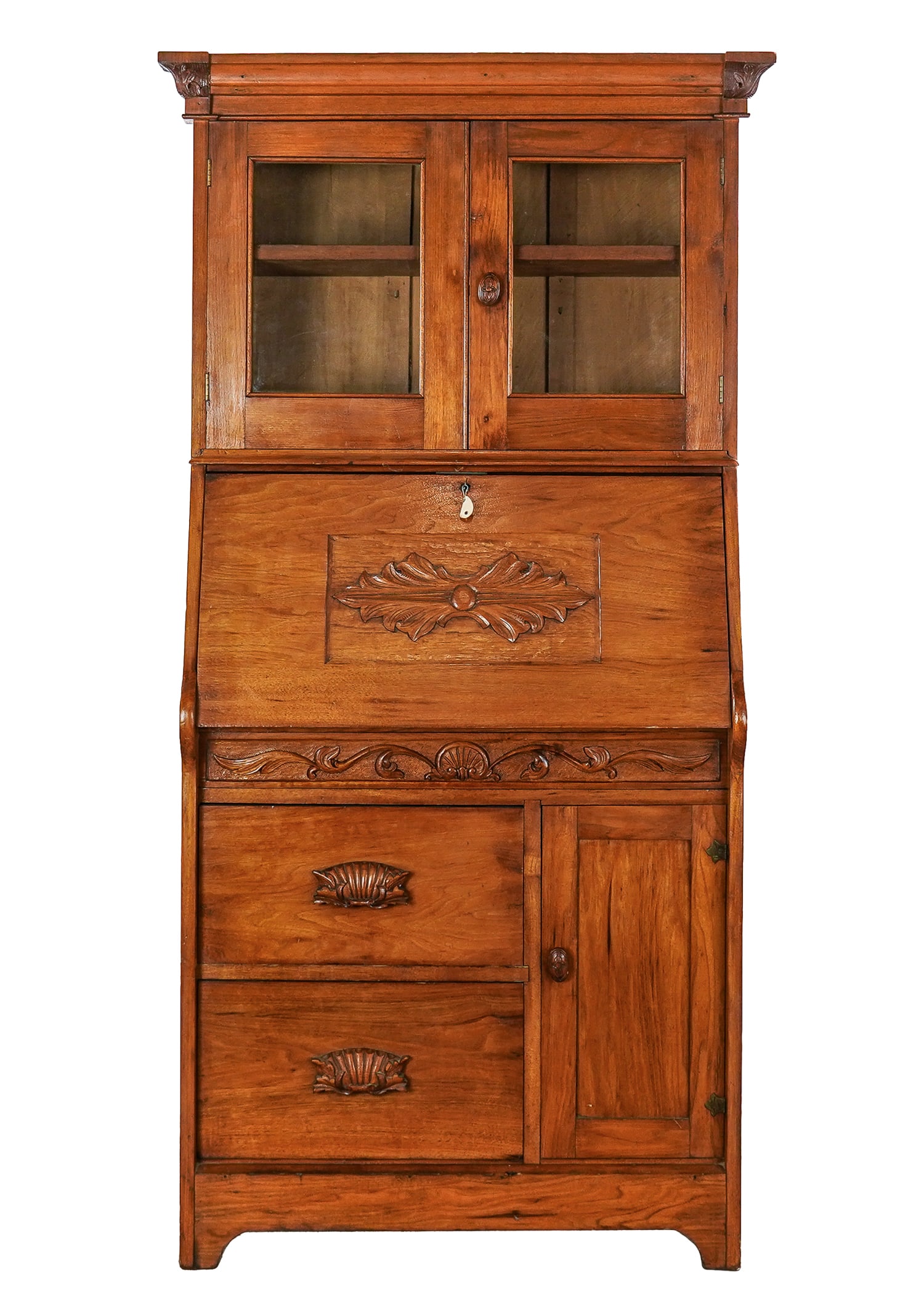 Frank Moran Vermont Folk Art Secretary: Frank Moran (1887-1967 East Fairfield, Vt) folk art carved drop front secretary. Frank Moran did carvings for several churches in Franklin County, VT, detailed carvings on gunstocks, crated